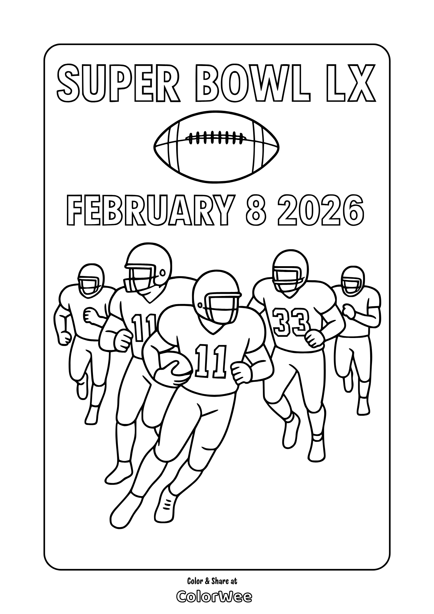 Printable Super Bowl LX coloring page: football players, Feb 8, 2026