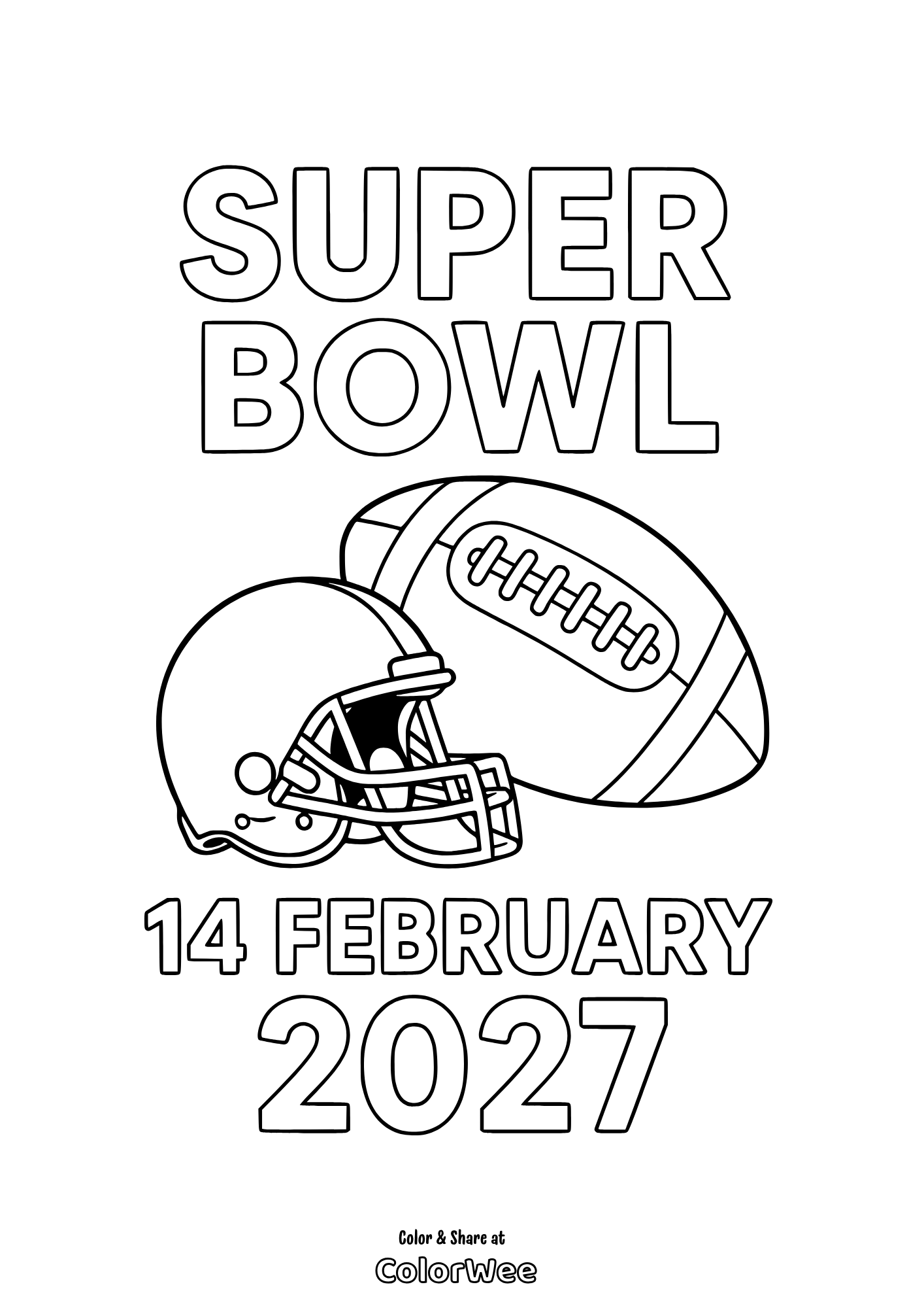 Super Bowl 2027 coloring page with helmet and football.