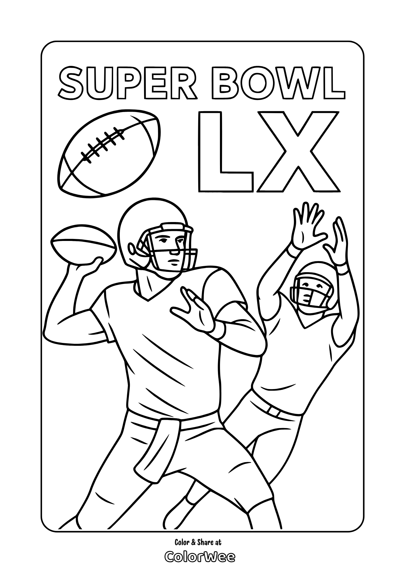 Super Bowl LX football coloring page: quarterback throws, receiver jumps.