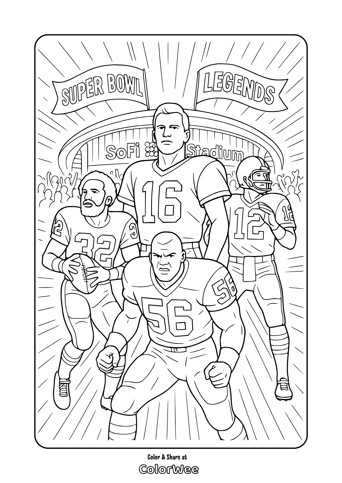 Super Bowl legends coloring page at SoFi Stadium, featuring iconic players.