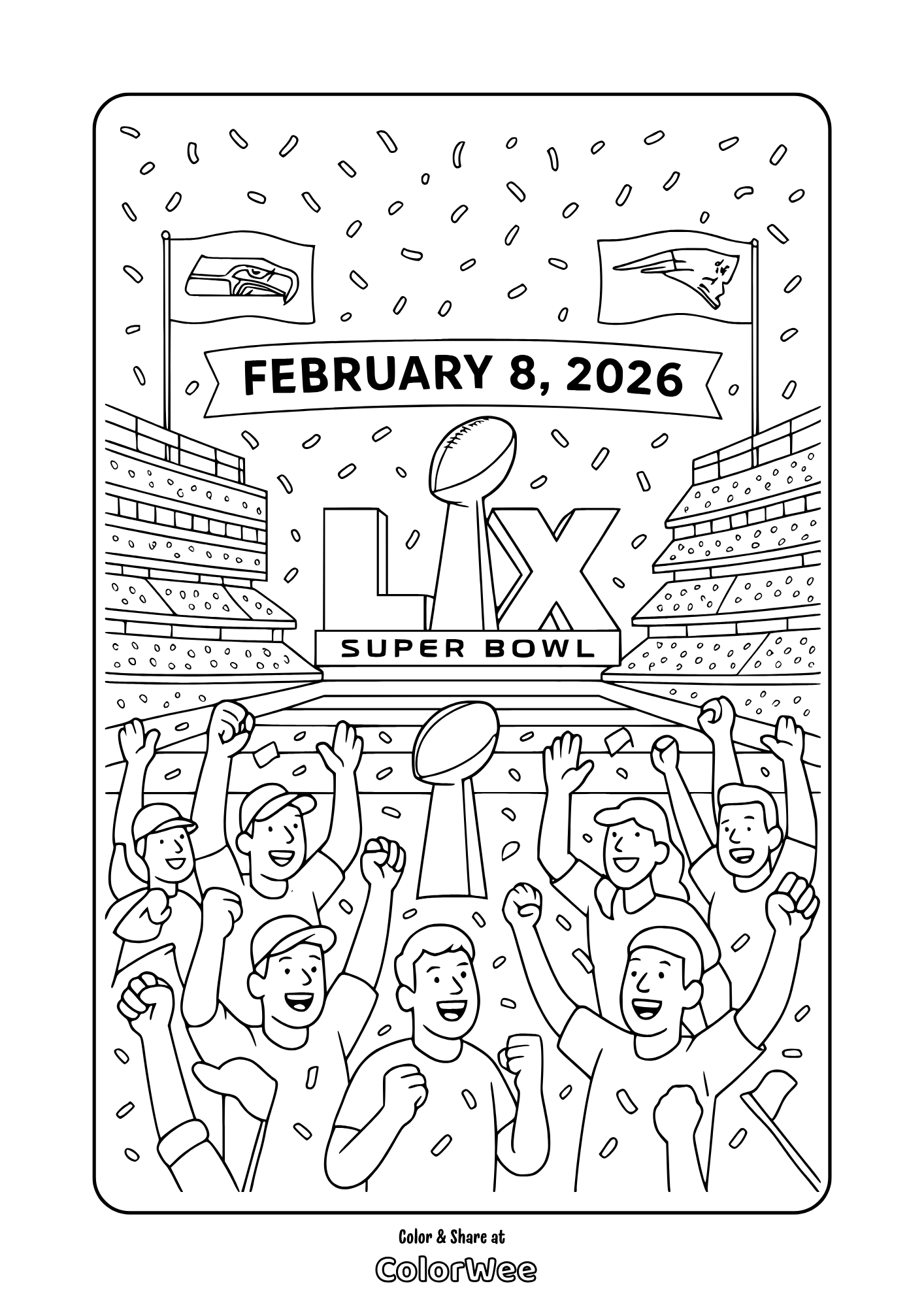 Super Bowl LX coloring page—Feb 8, 2026, stadium, trophy and cheering fans