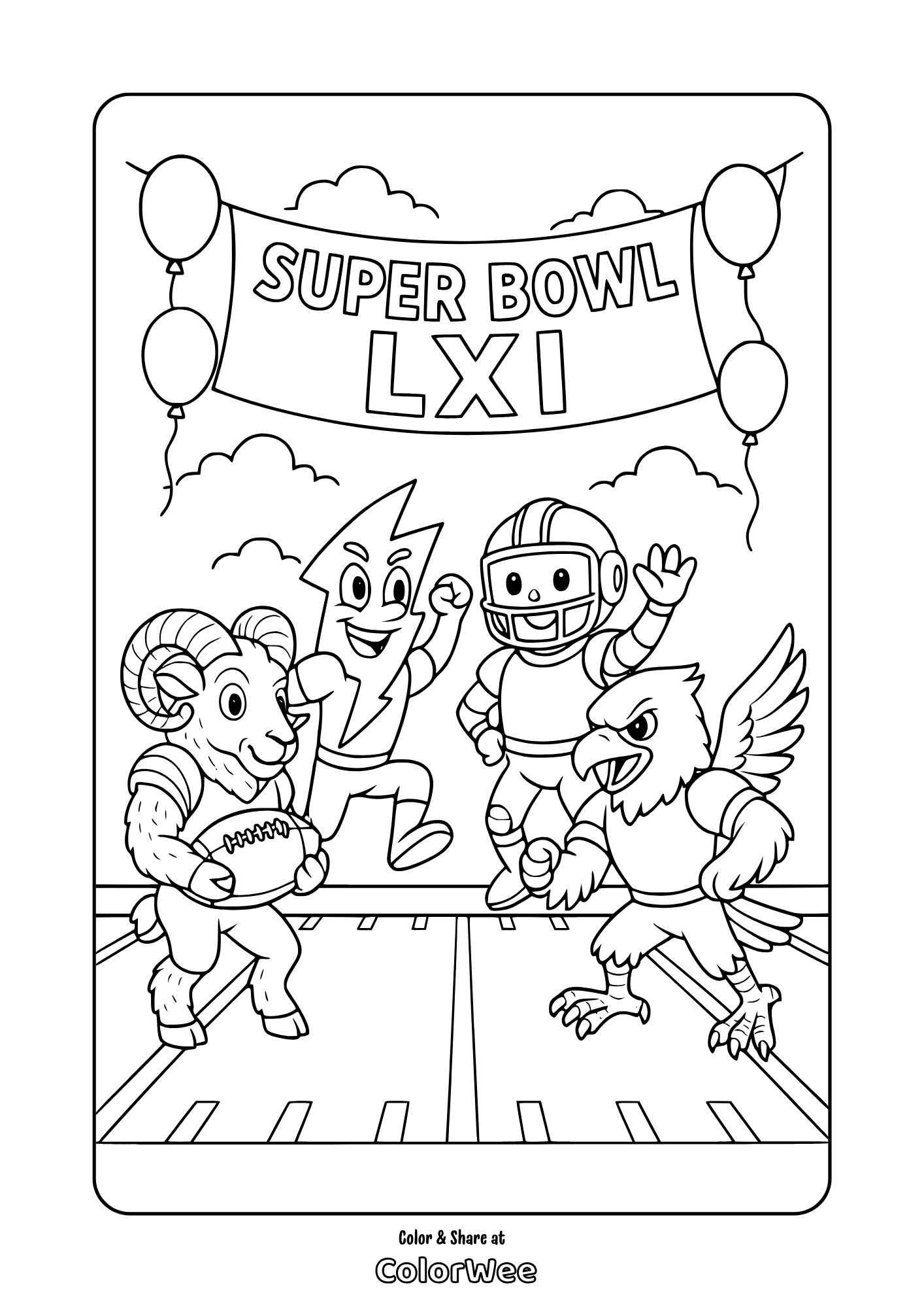Super Bowl LXI mascots coloring page with balloons.
