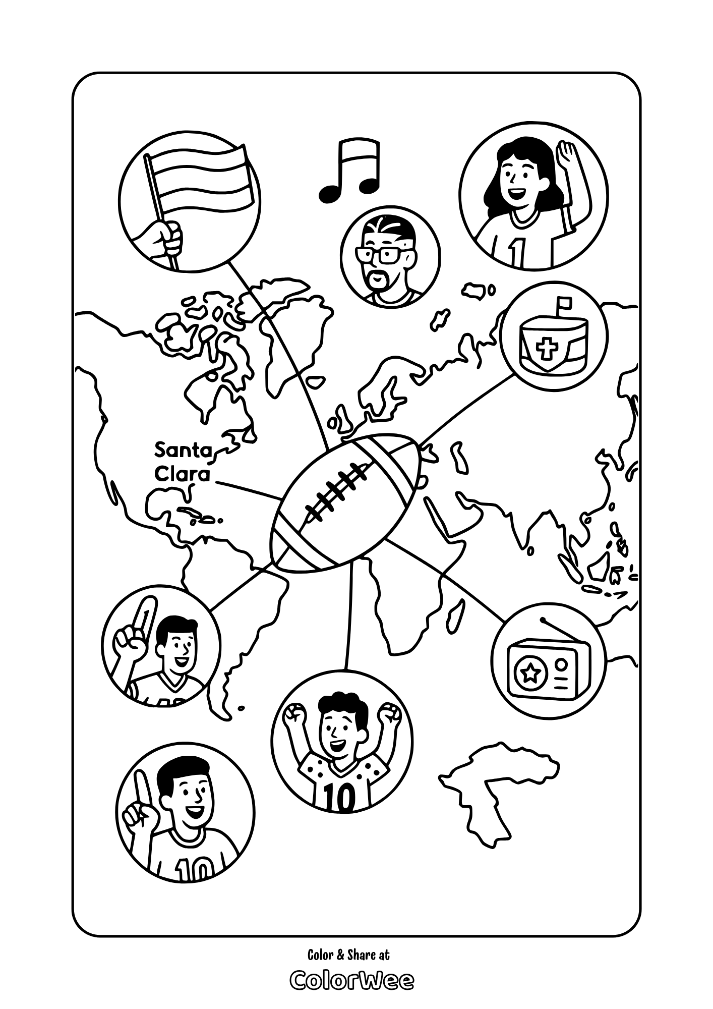 World map American football fans coloring page with Santa Clara icons