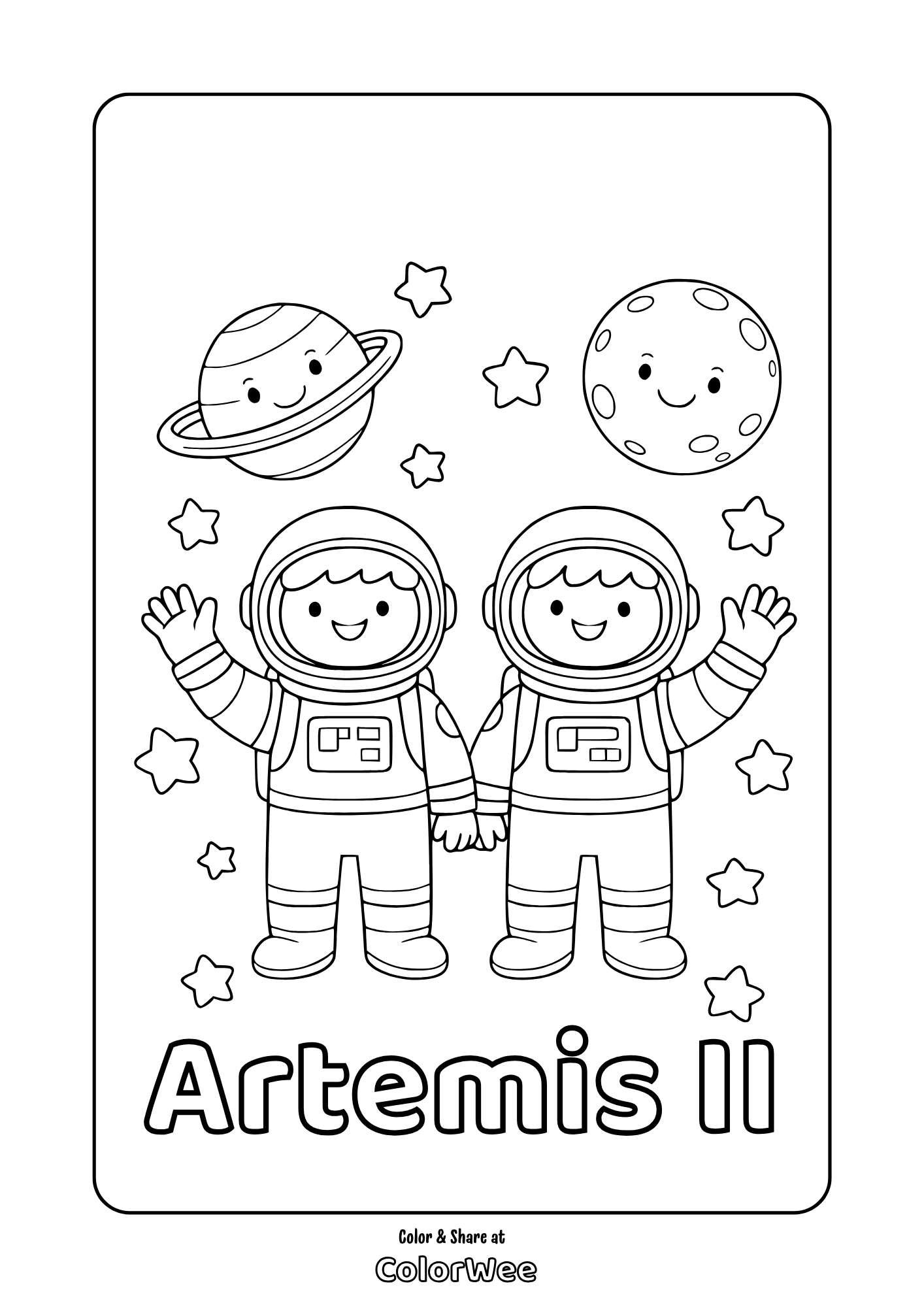 Artemis II kids astronauts coloring page with smiling moon, planet, stars