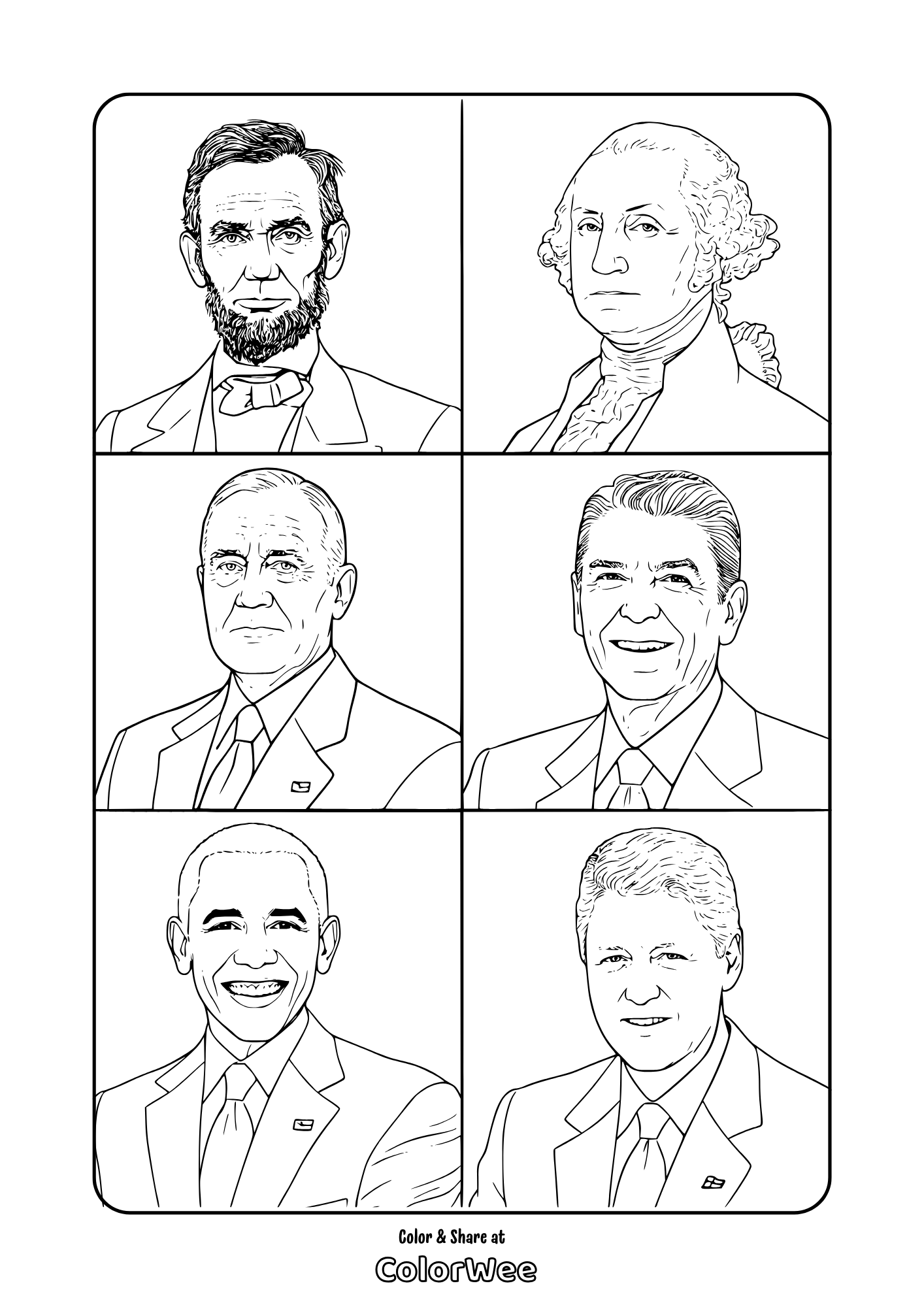 US history portraits coloring page - six USA presidents in suits, printable sheet