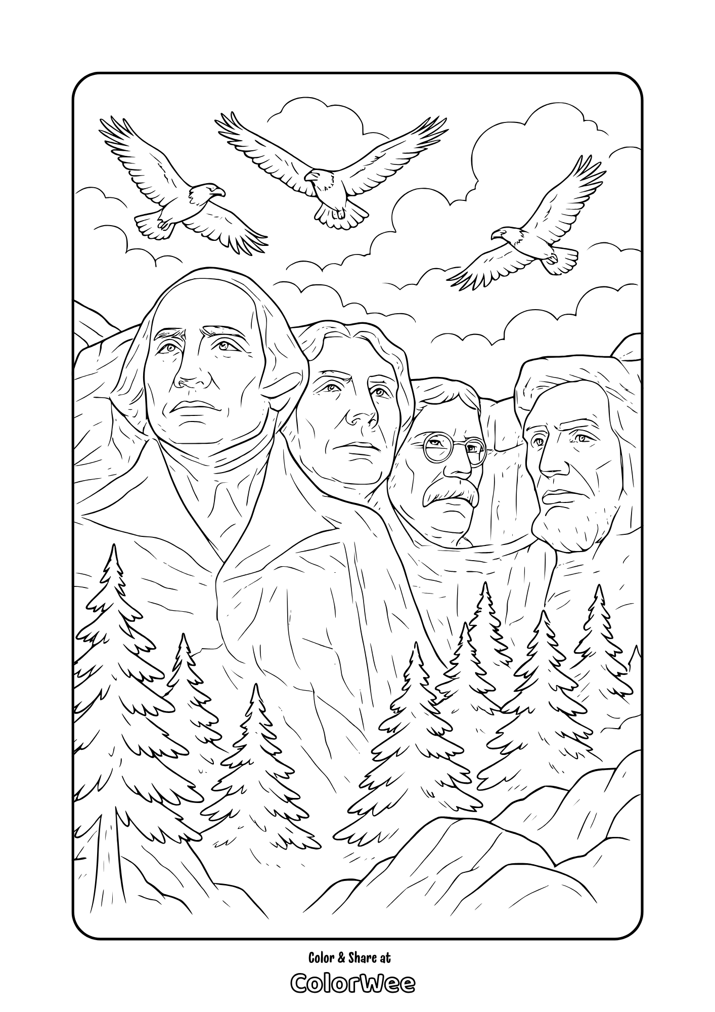 Free printable Mount Rushmore coloring page with eagles and pine trees