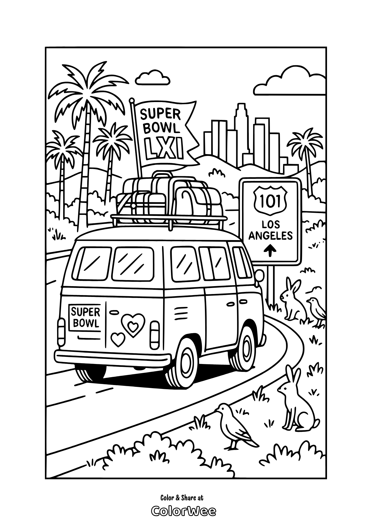 Van heading to Super Bowl in Los Angeles in 2027 coloring page.