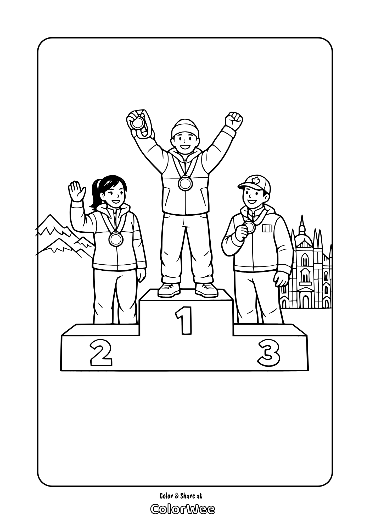 Kids coloring page: medal winners on podium, winter sports scene