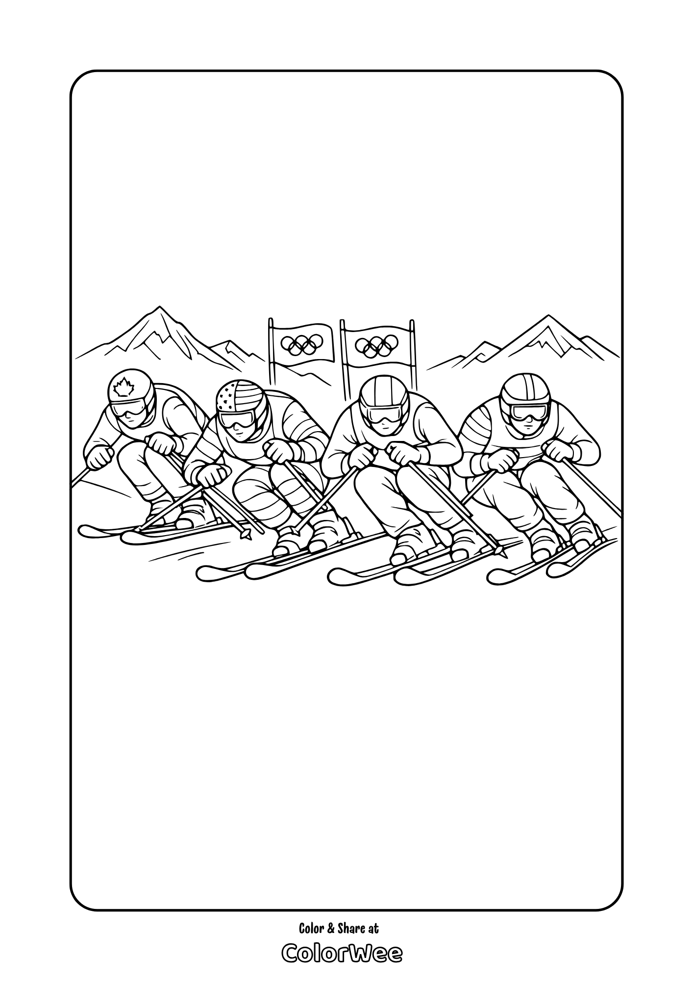 Olympic ski race coloring page with four downhill racers and mountains