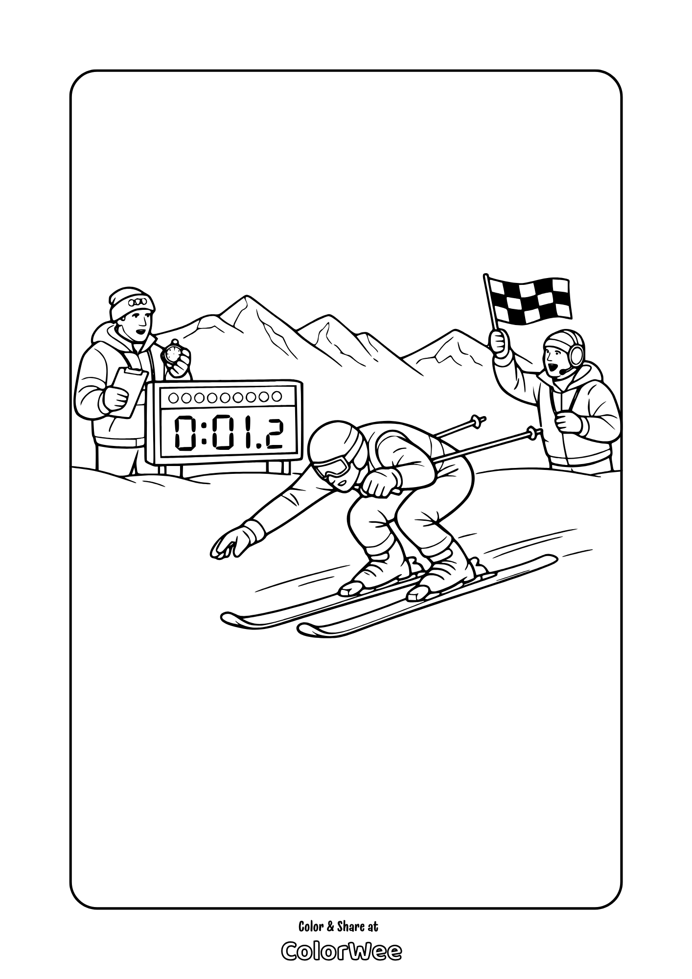 Downhill ski race coloring page - skier at finish line with timer and flag