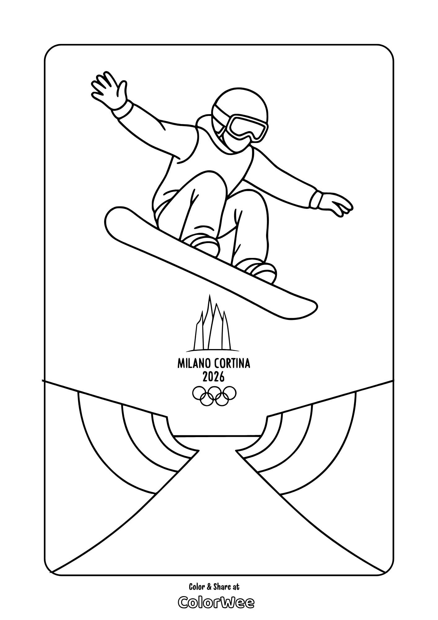 Snowboard halfpipe coloring page – Milano Cortina 2026 Winter Olympics