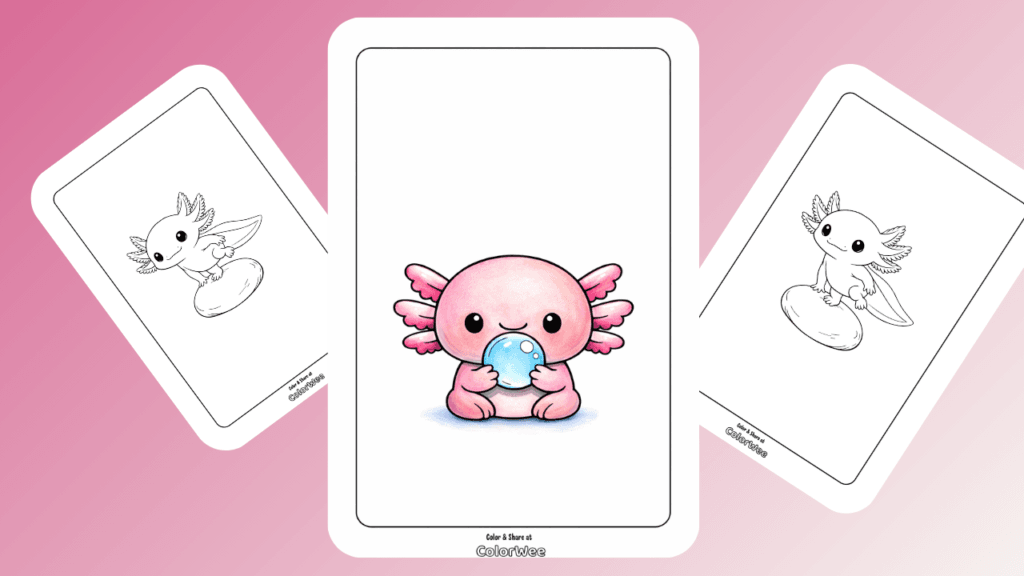 Baby axolotl coloring pages. Free printables.