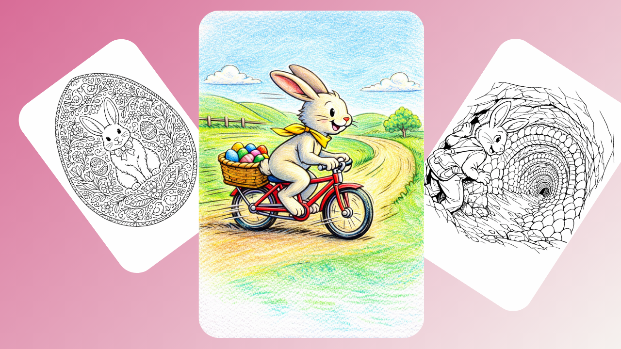 Easter Bunny Coloring Pages Easter bunny riding a bike with egg basket coloring page for kids