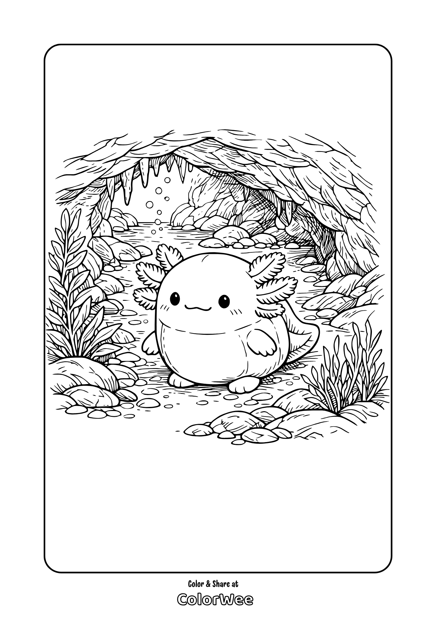 Axolotl squishmallow cave coloring page – cute kawaii underwater printable for kids