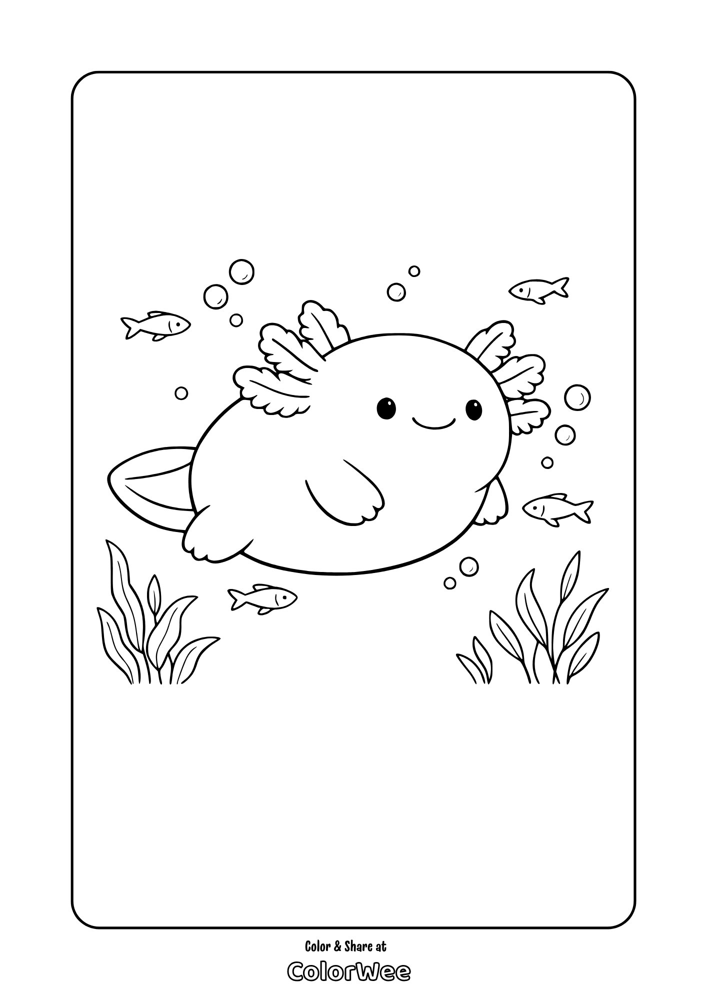 Cute squishmallow axolotl coloring page underwater with fish, bubbles and seaweed