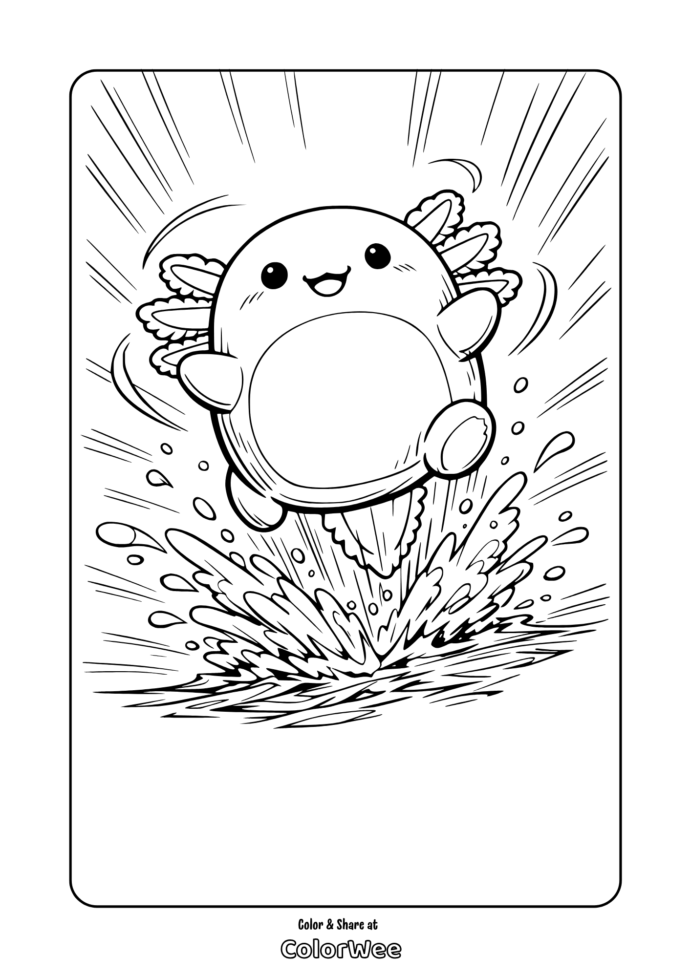 Axolotl squishmallow coloring page – cute squishmallow jumping from water splash, printable