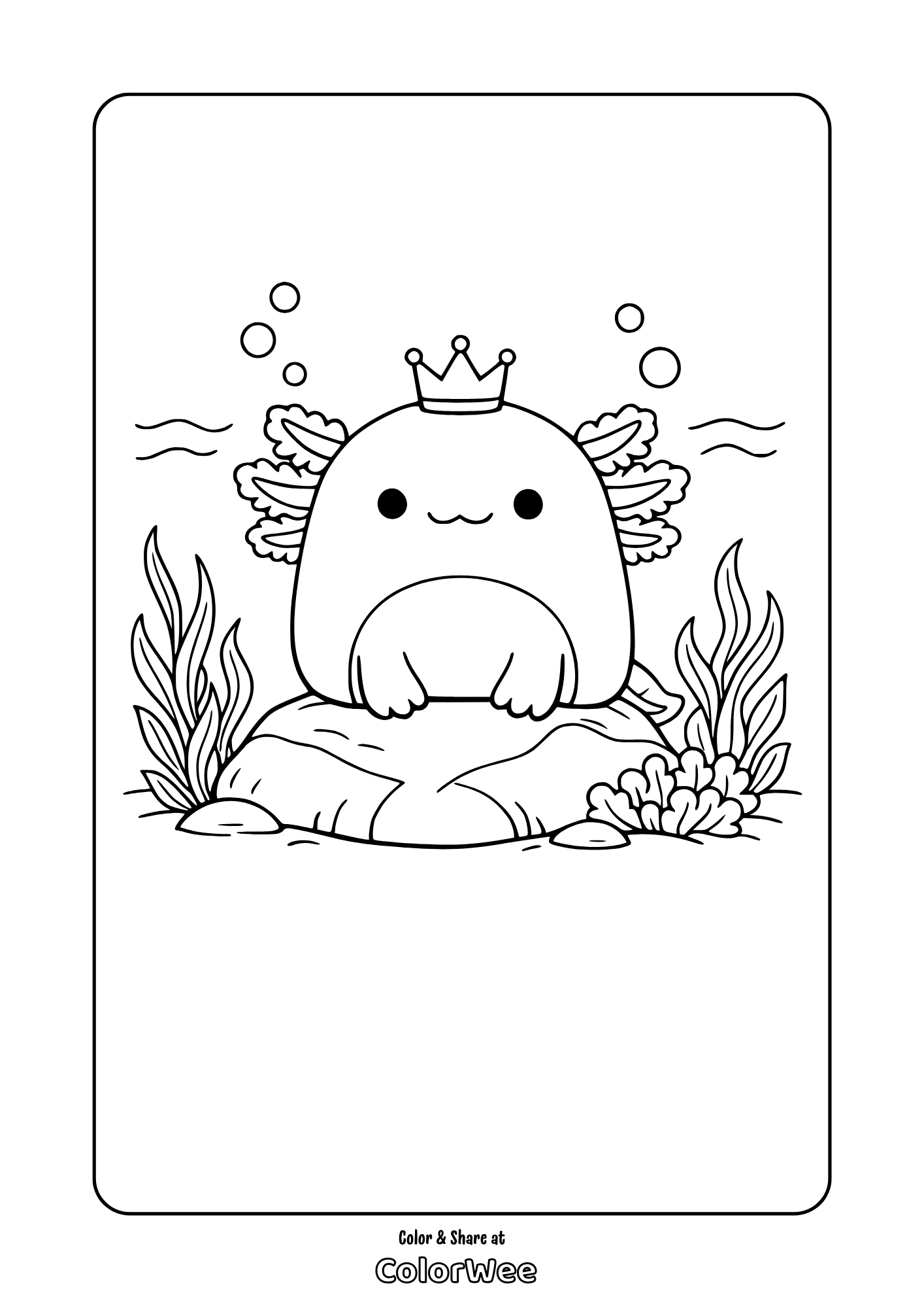 Cute crowned squishmallow axolotl on rock underwater – free printable coloring page
