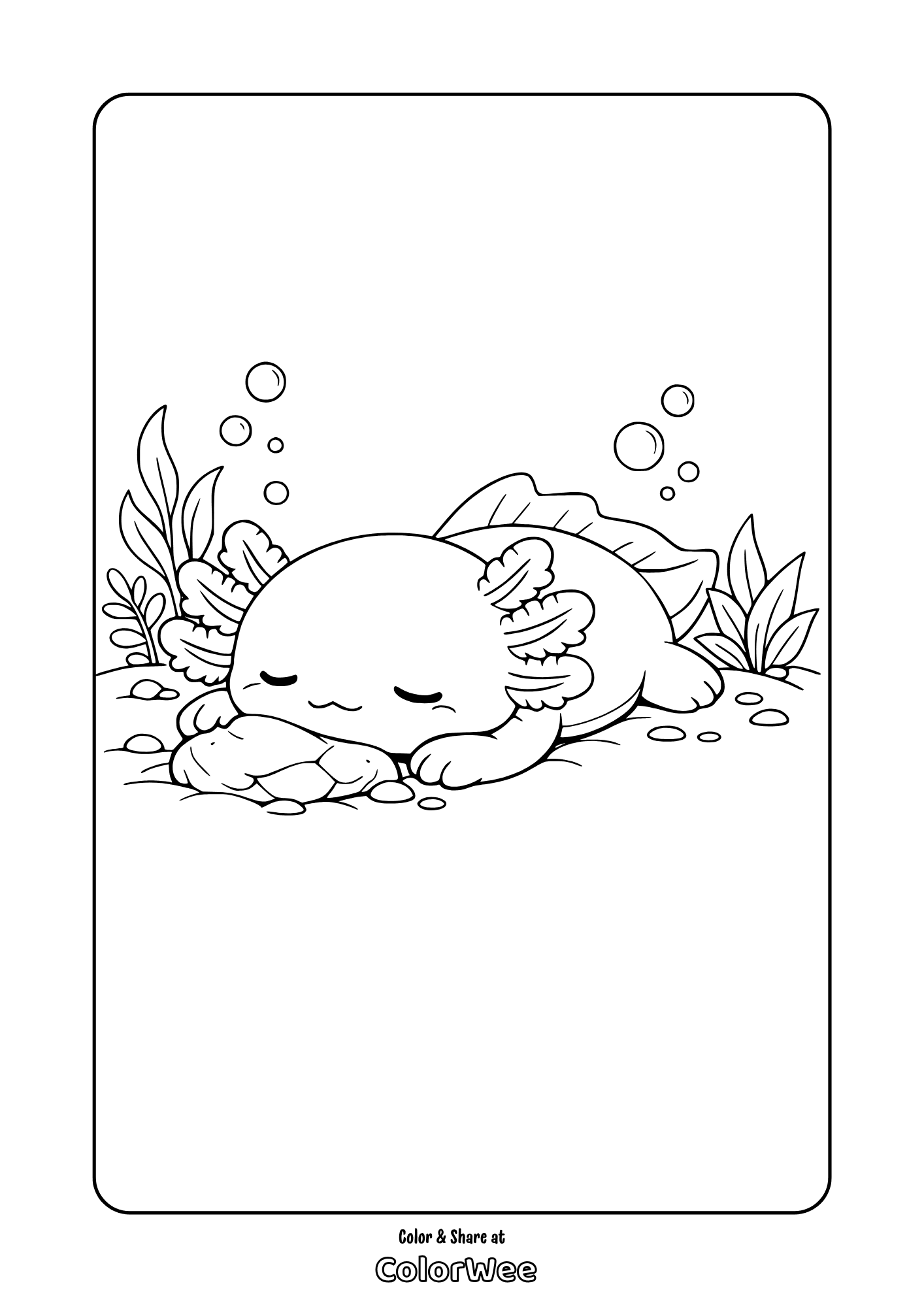 Cute squishmallow axolotl sleeping underwater printable coloring page with plants