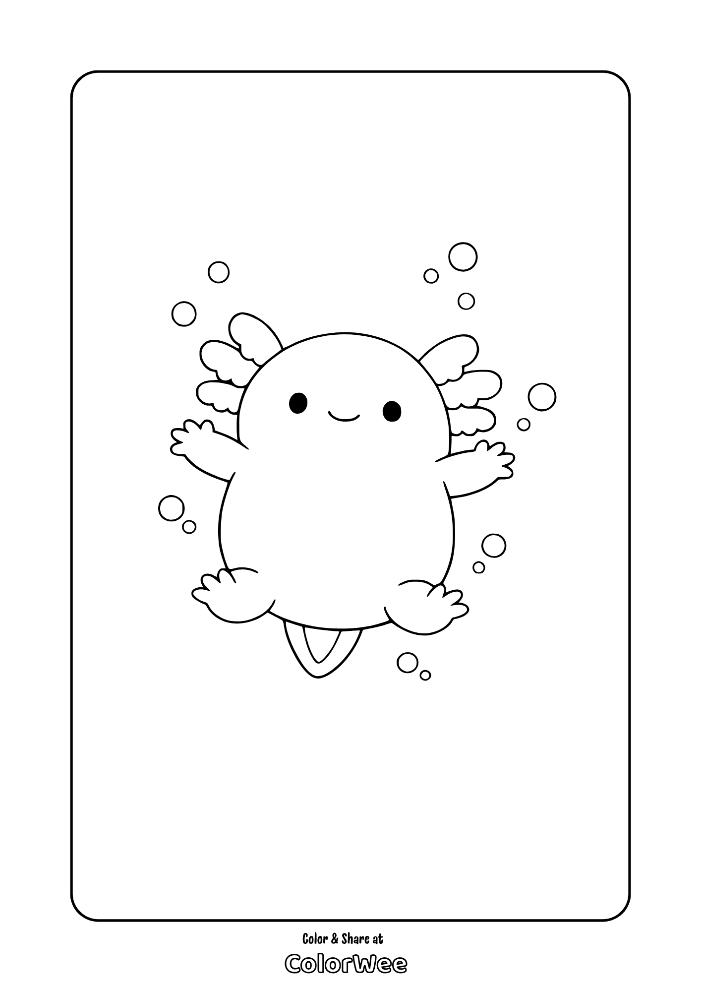 Kawaii squishmallow axolotl coloring page printable with bubbles.