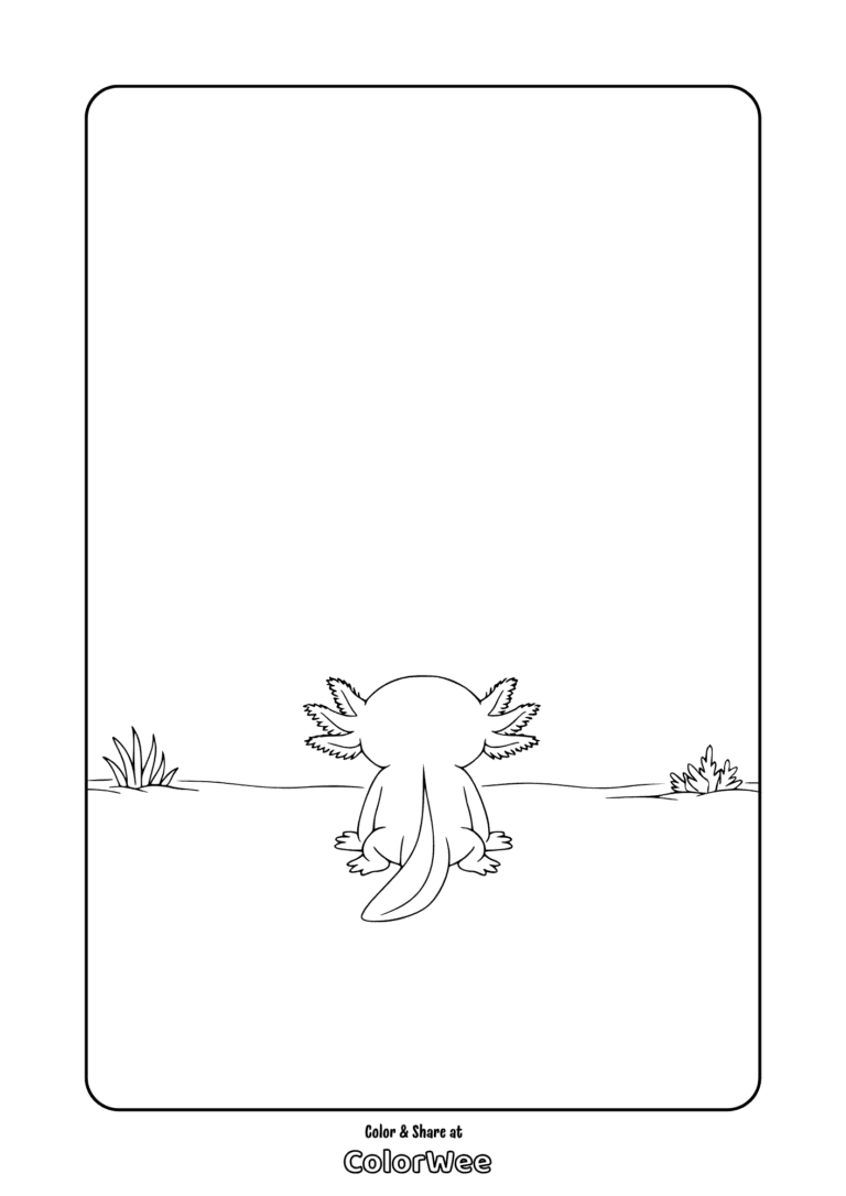 Printable baby axolotl coloring page – cute back view with pond plants