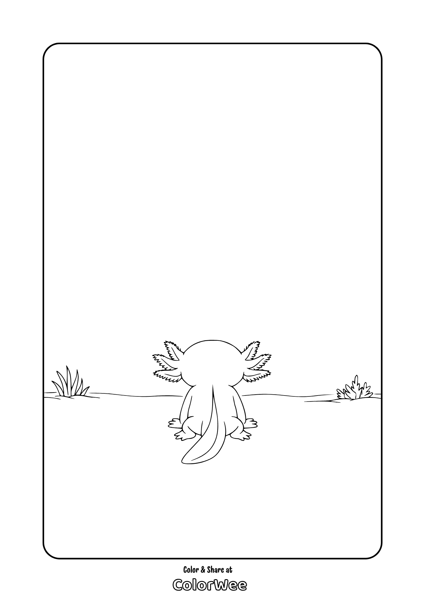 baby axolotl from behind coloring page Printable baby axolotl coloring page – cute back view with pond plants