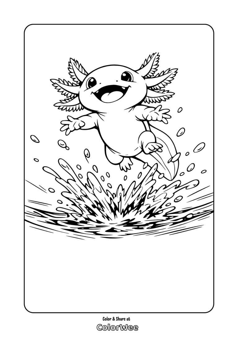Baby axolotl splashing in water coloring page