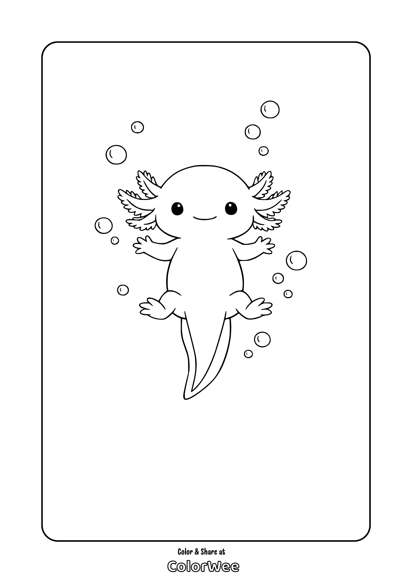 baby axolotl swimming minimalistic coloring page Baby axolotl coloring page printable – tiny underwater salamander with bubbles