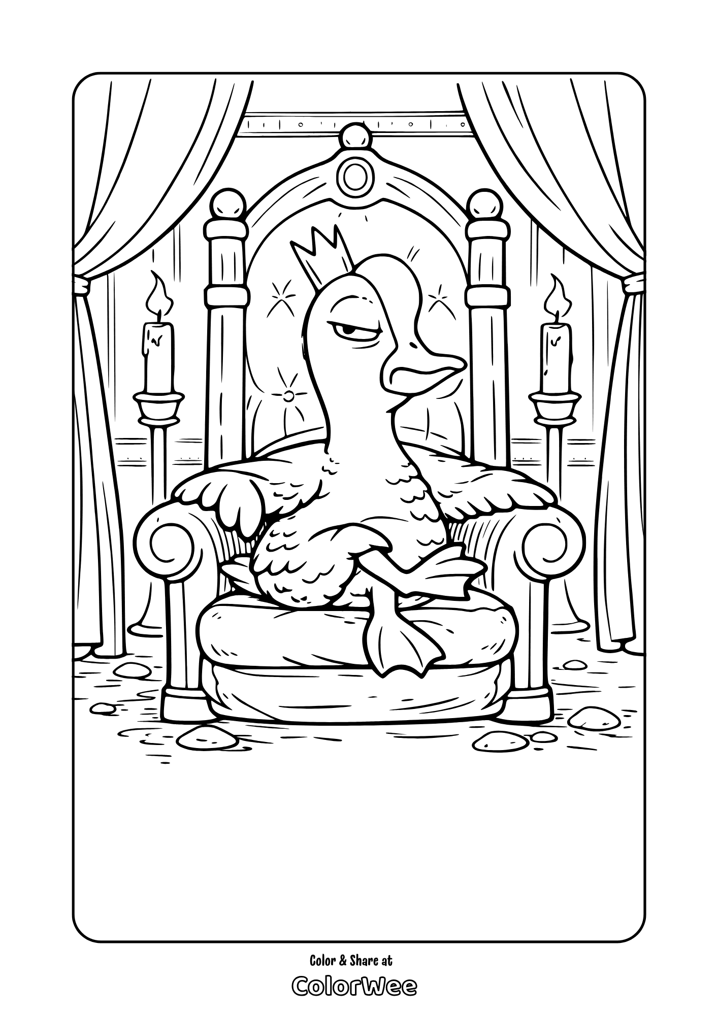 Printable coloring page: Bird King from Hoppers Movie sitting on throne.
