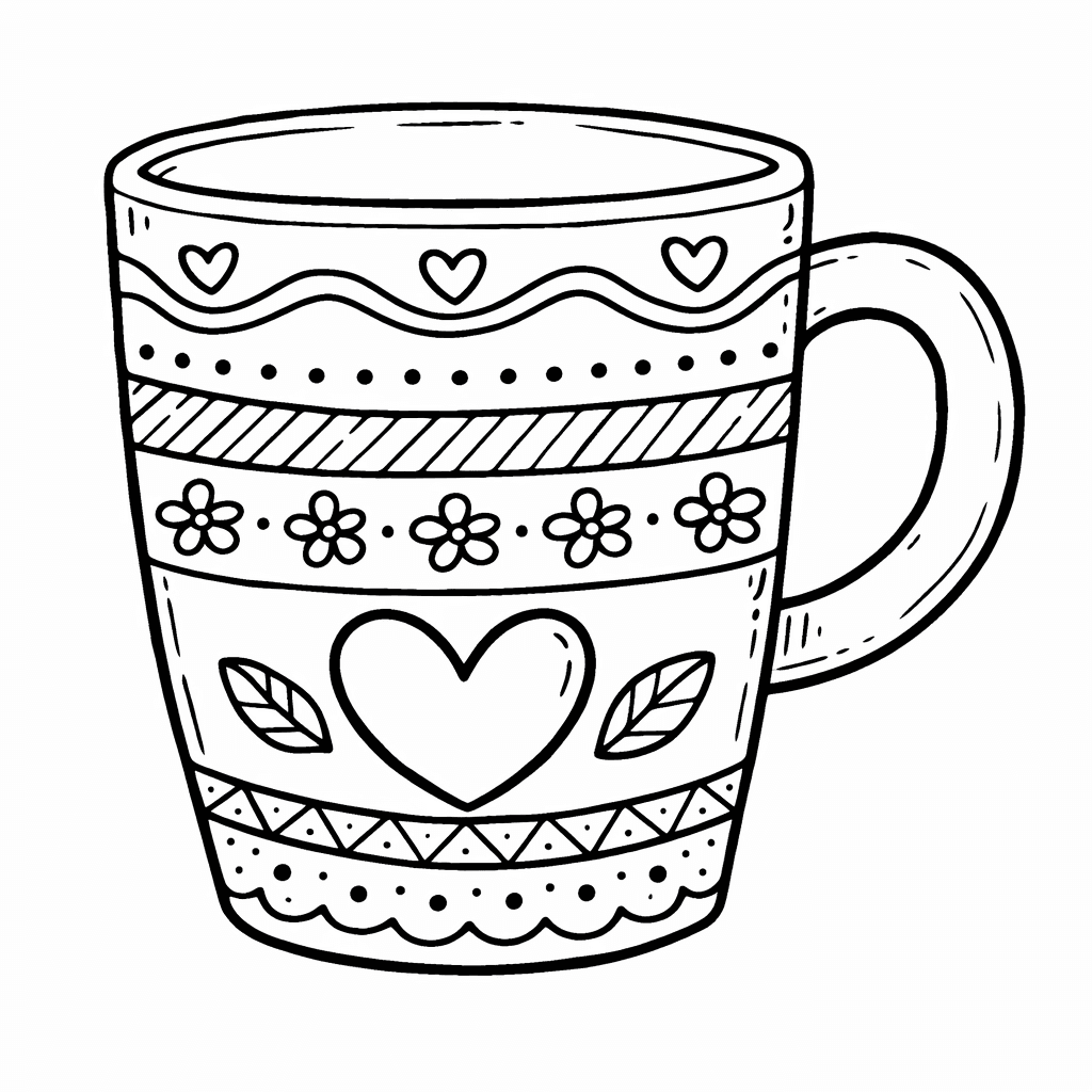 cwcg 1773226284 3167 Free heart coffee mug coloring page with flowers and patterns for kids