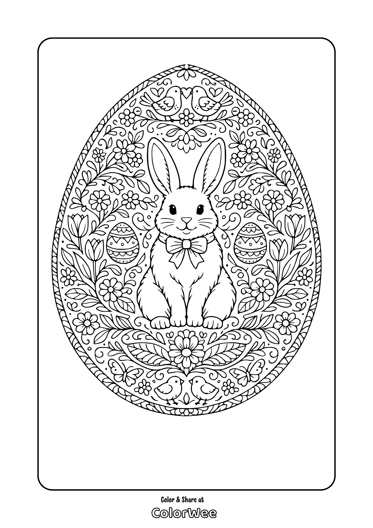 easter bunny advanced coloring sheet Free printable Easter bunny egg coloring page with flowers and birds