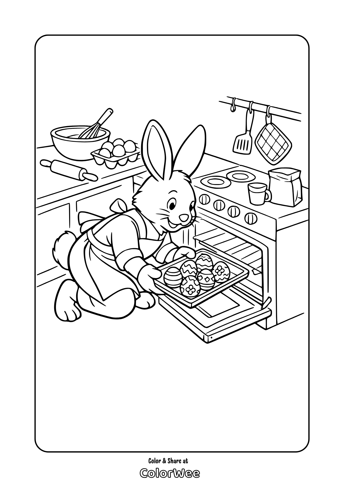 easter bunny baking coloring sheet Easter bunny baking Easter eggs in oven — kitchen coloring page