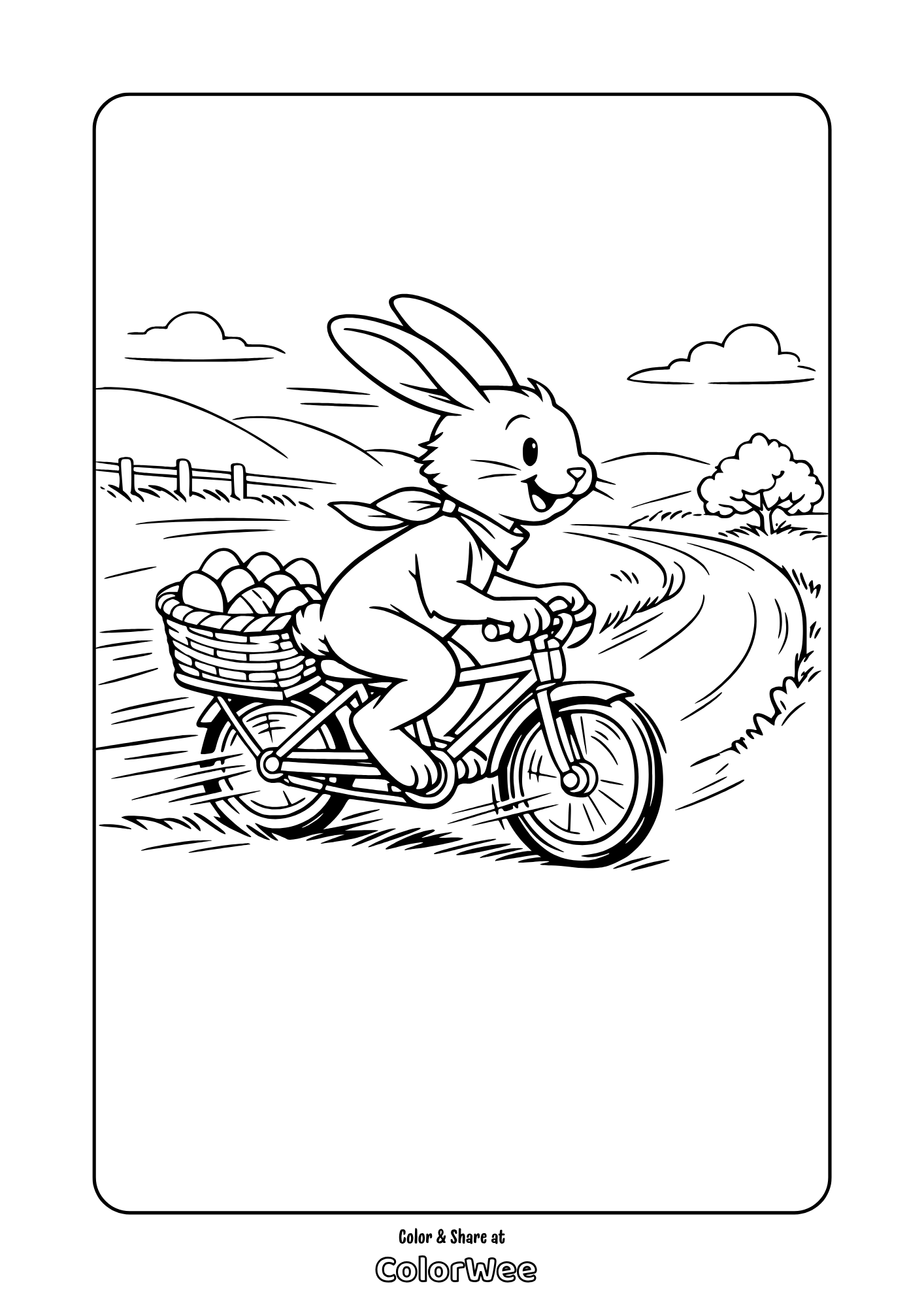 easter bunny bike coloring page Printable Easter bunny biking with egg basket coloring page