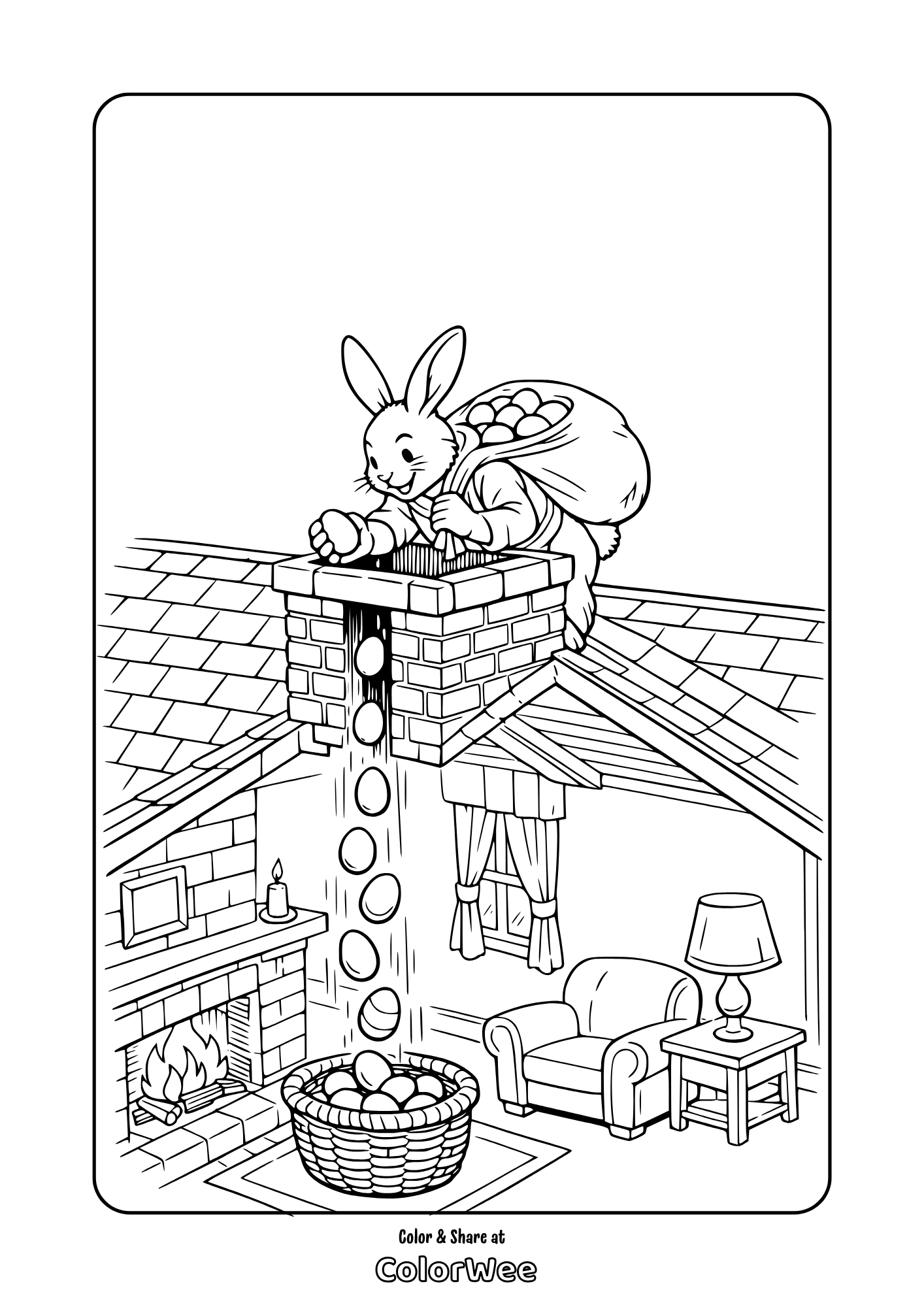 easter bunny chimney coloring page Easter bunny dropping eggs down chimney into basket coloring page