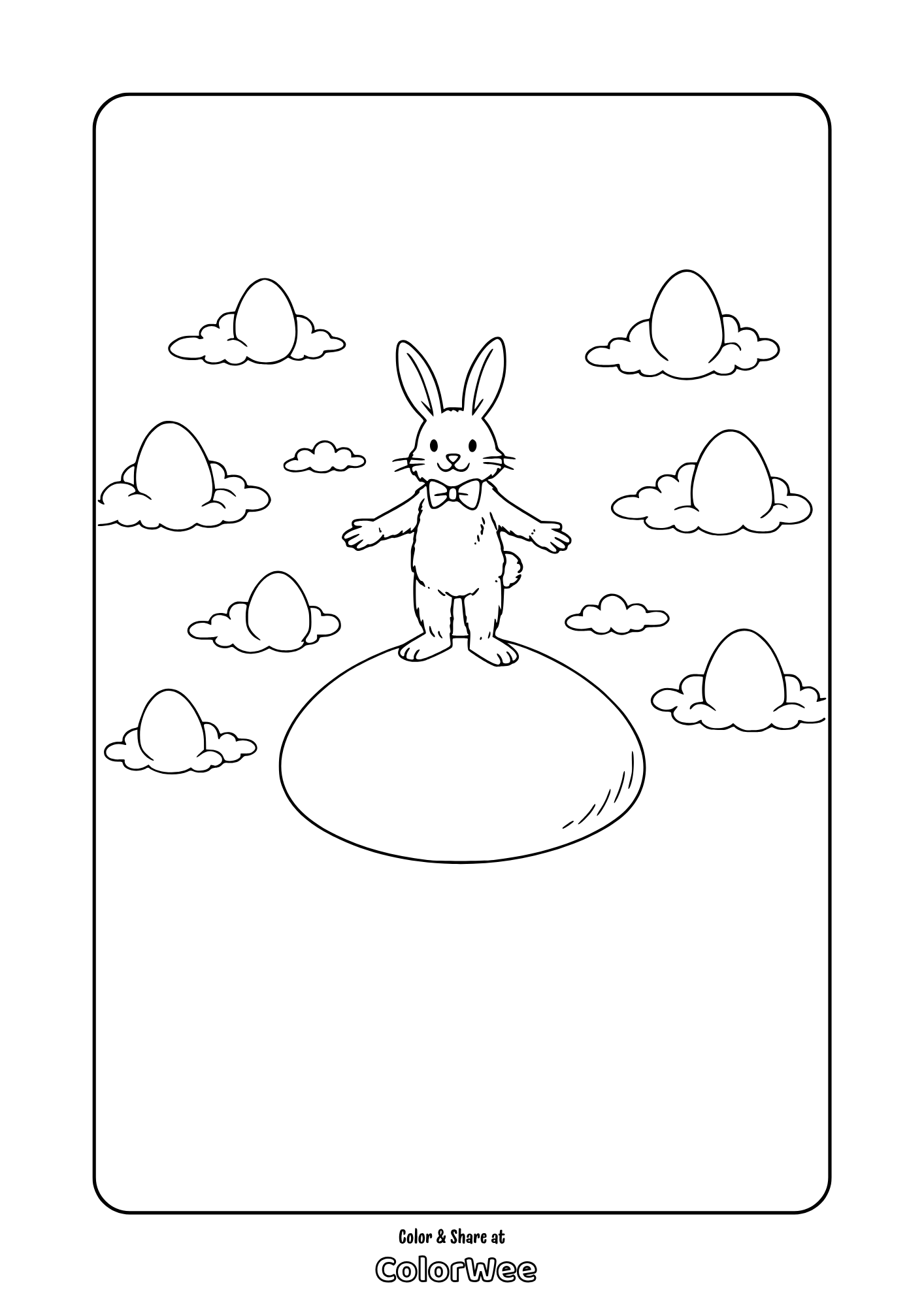 easter bunny dreamland coloring page Easter bunny coloring page: rabbit on giant egg with clouds and eggs