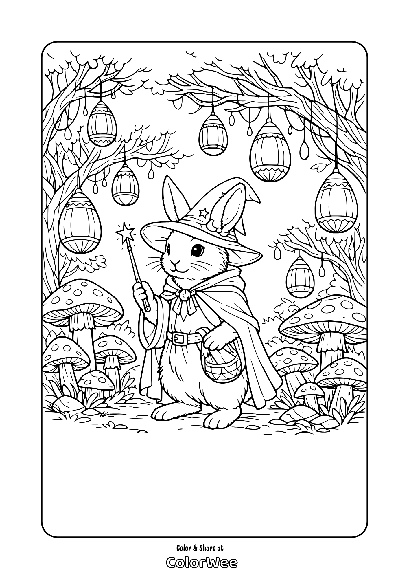 easter bunny magical forrest coloring Wizard bunny coloring page for kids in forest with lanterns and mushrooms