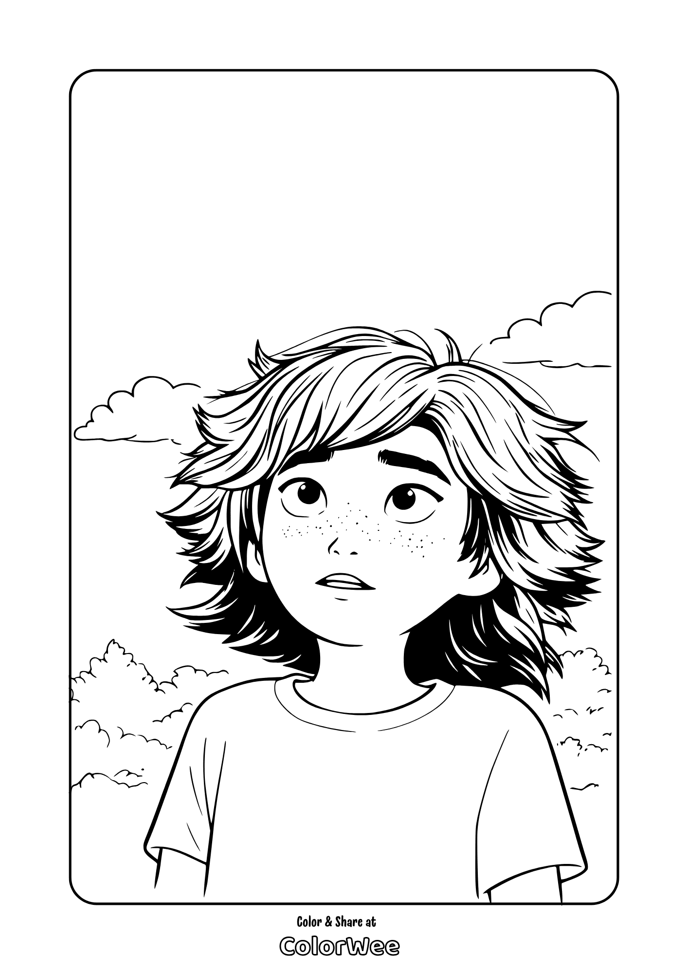 Mabel as a human looking up the sky - free coloring page inspired by animated movie Hoppers.