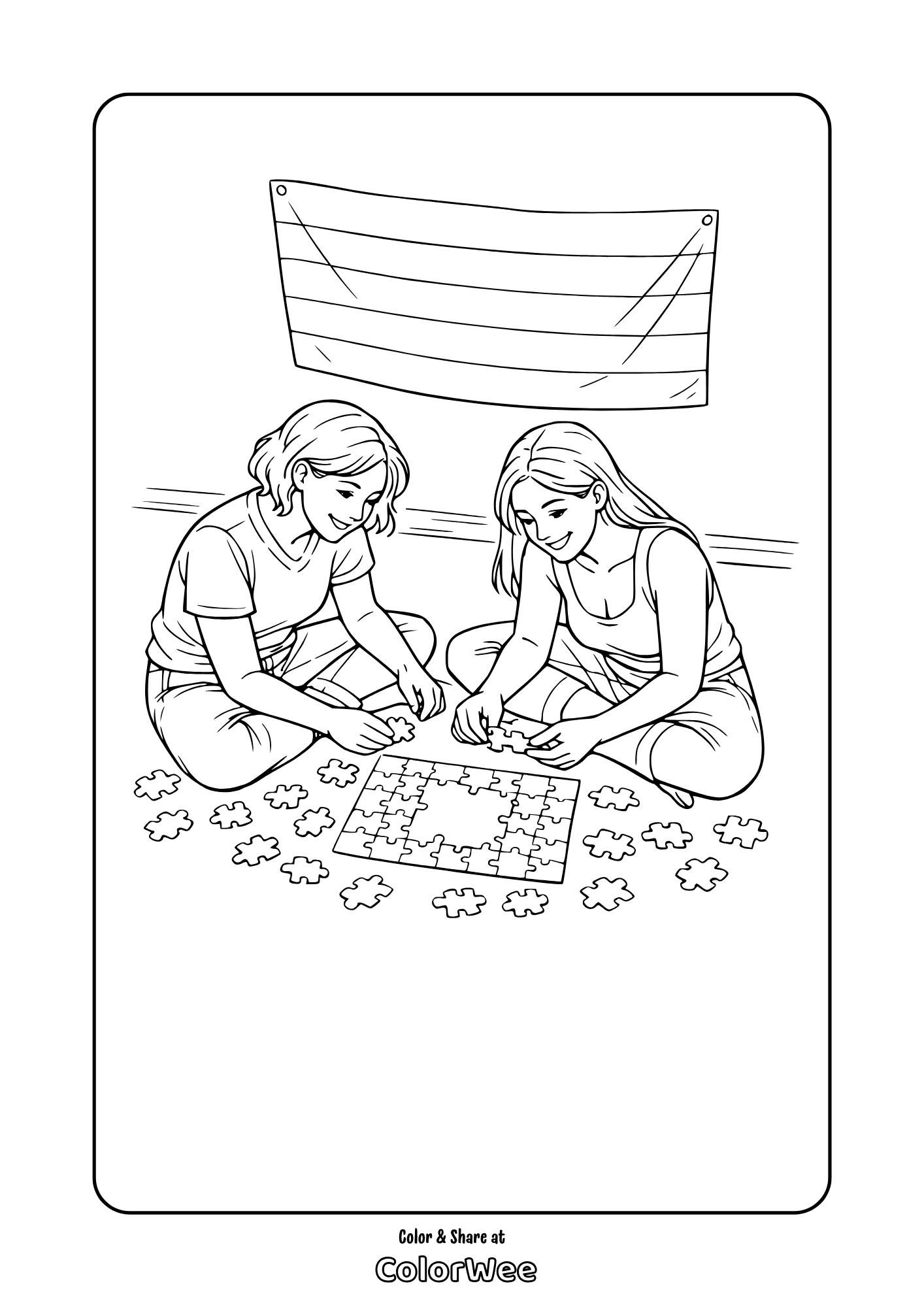 Printable coloring page: two lesbians assembling jigsaw puzzle for kids