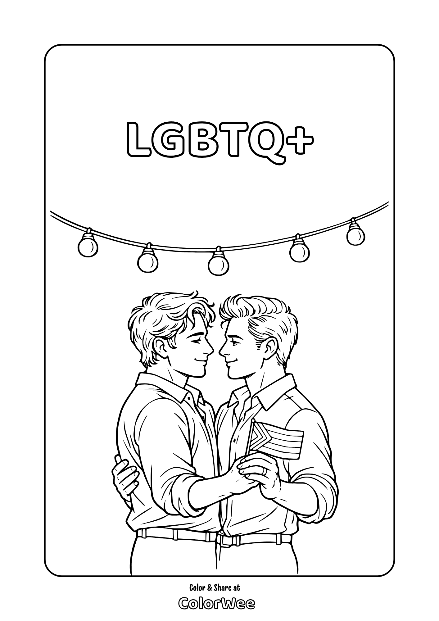 LGBTQ+ coloring page: couple dancing and holding a pride flag under lights