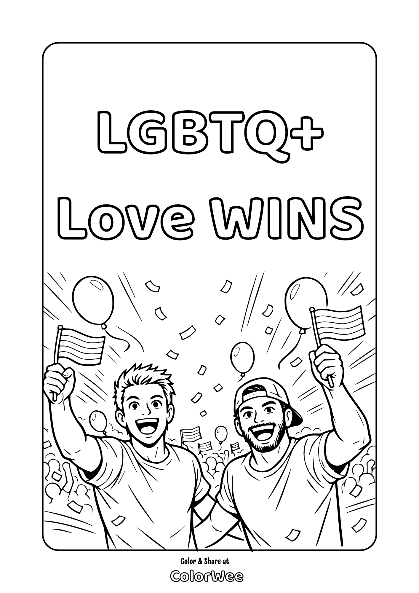 LGBTQ+ Love Wins parade coloring page with two people waving pride flags