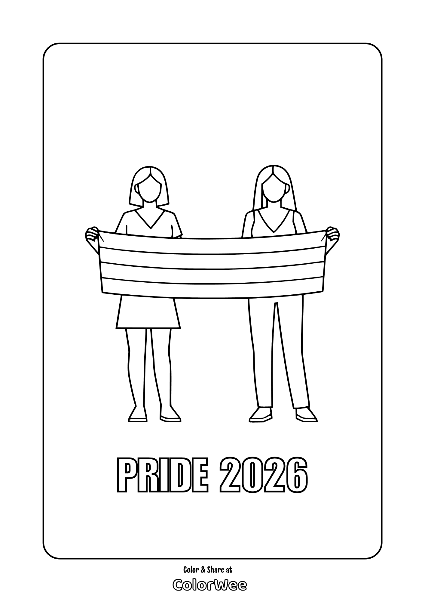 Pride 2026 LGBTQ printable coloring page: two lesbian women holding a pride flag