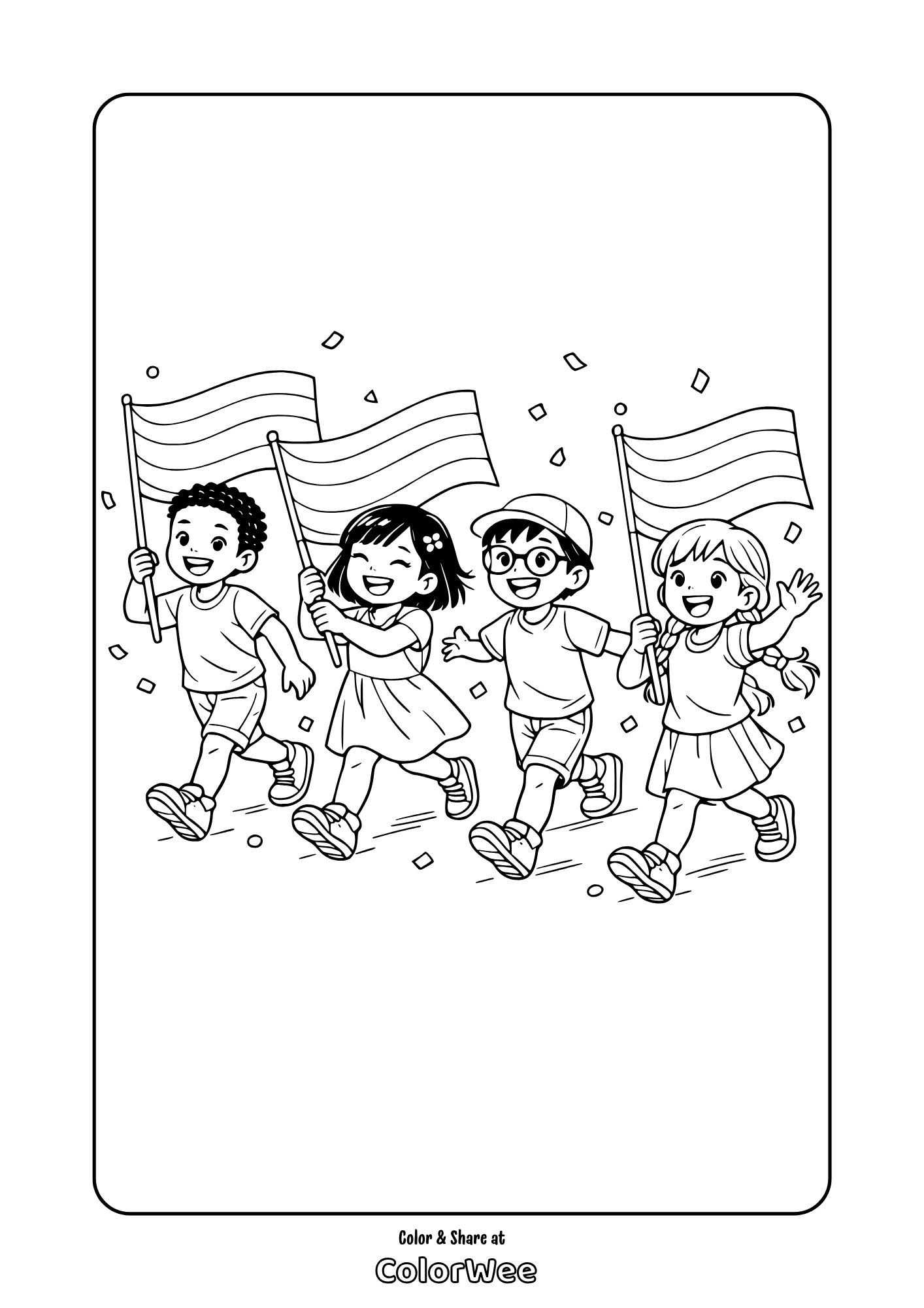 Kids parade coloring page: children running and waving rainbow flags with confetti