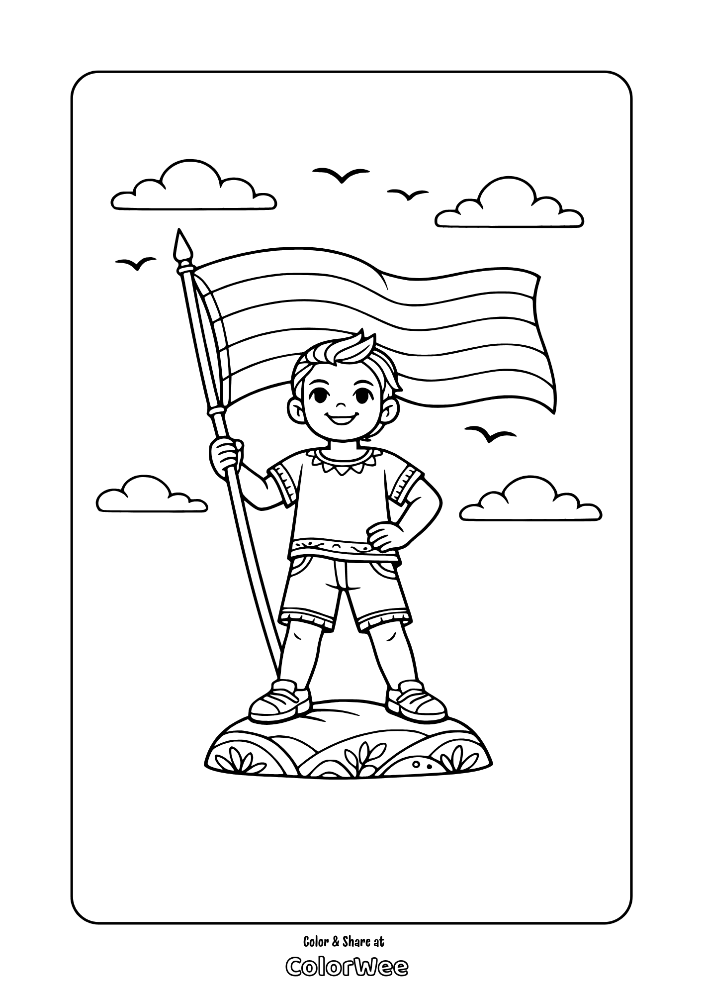 Free printable boy waving rainbow flag coloring page for kids