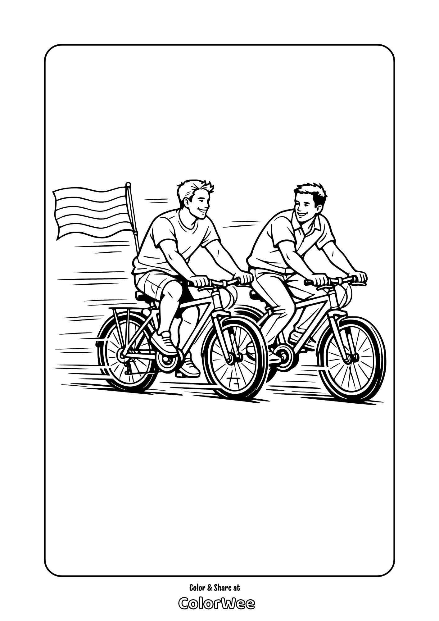 Two gay friends riding bikes with waving rainbow flag – printable coloring page