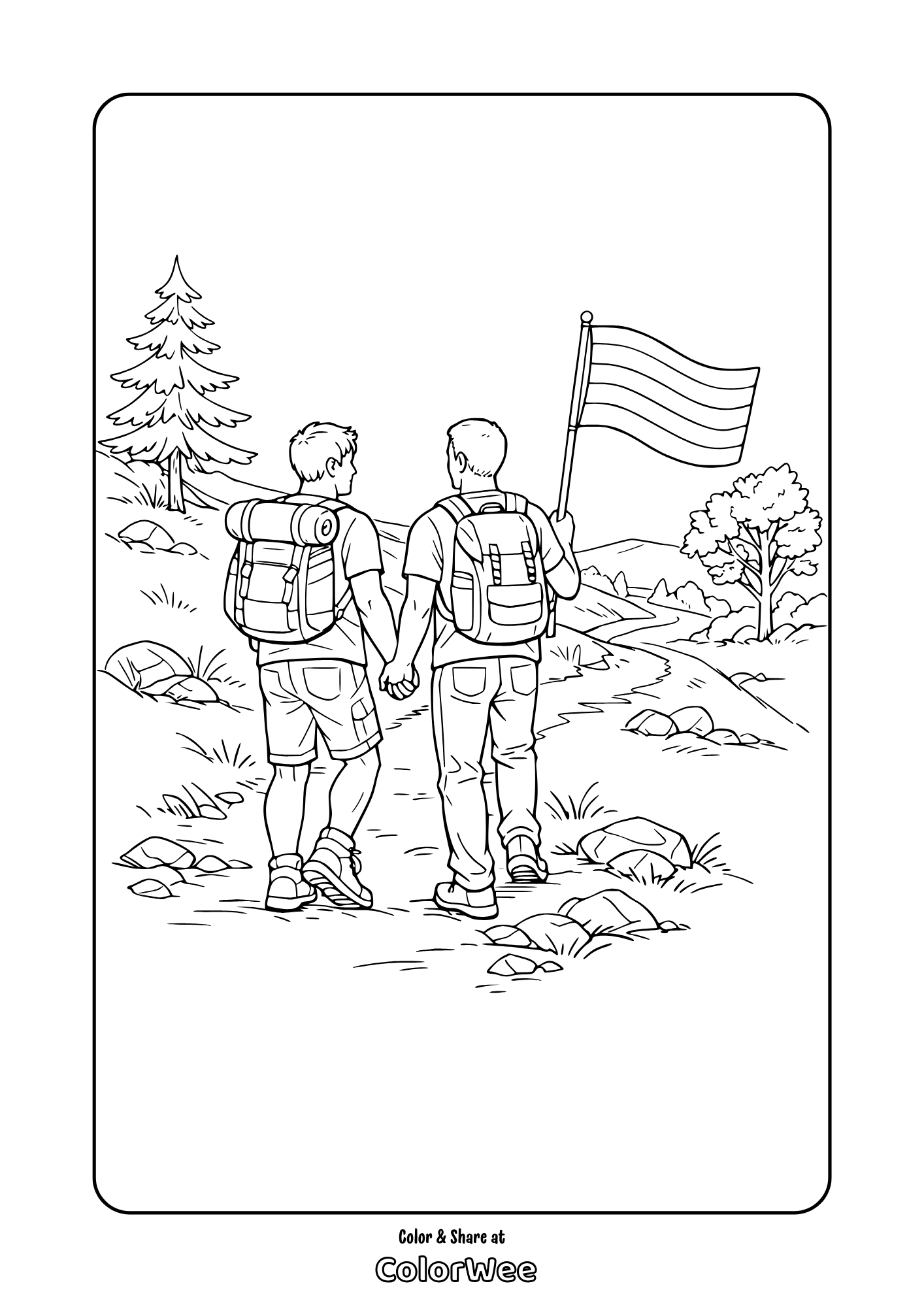 Printable hiking coloring page: two gay hikers holding hands, pride flag on trail