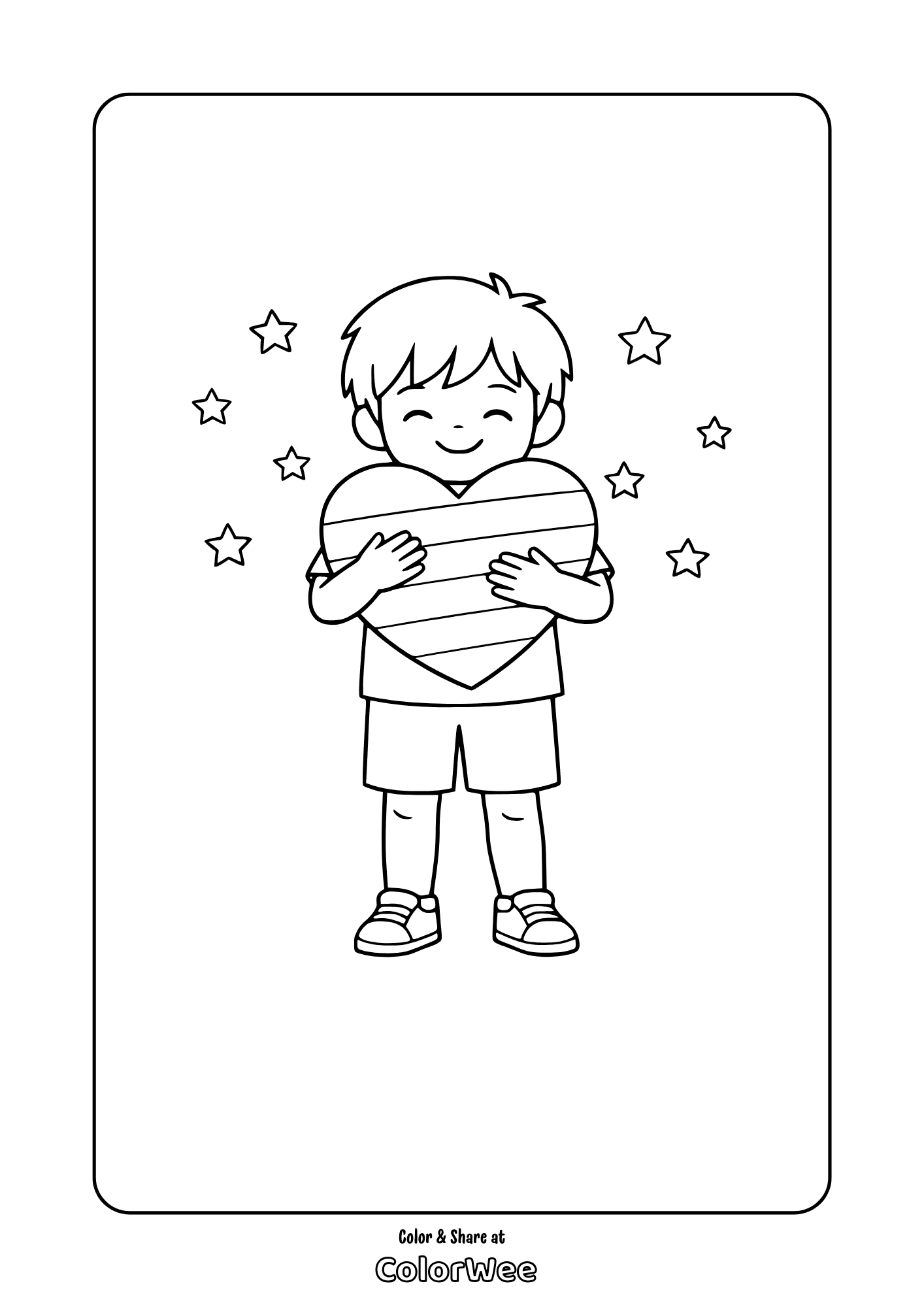 Boy holding striped heart with stars coloring page