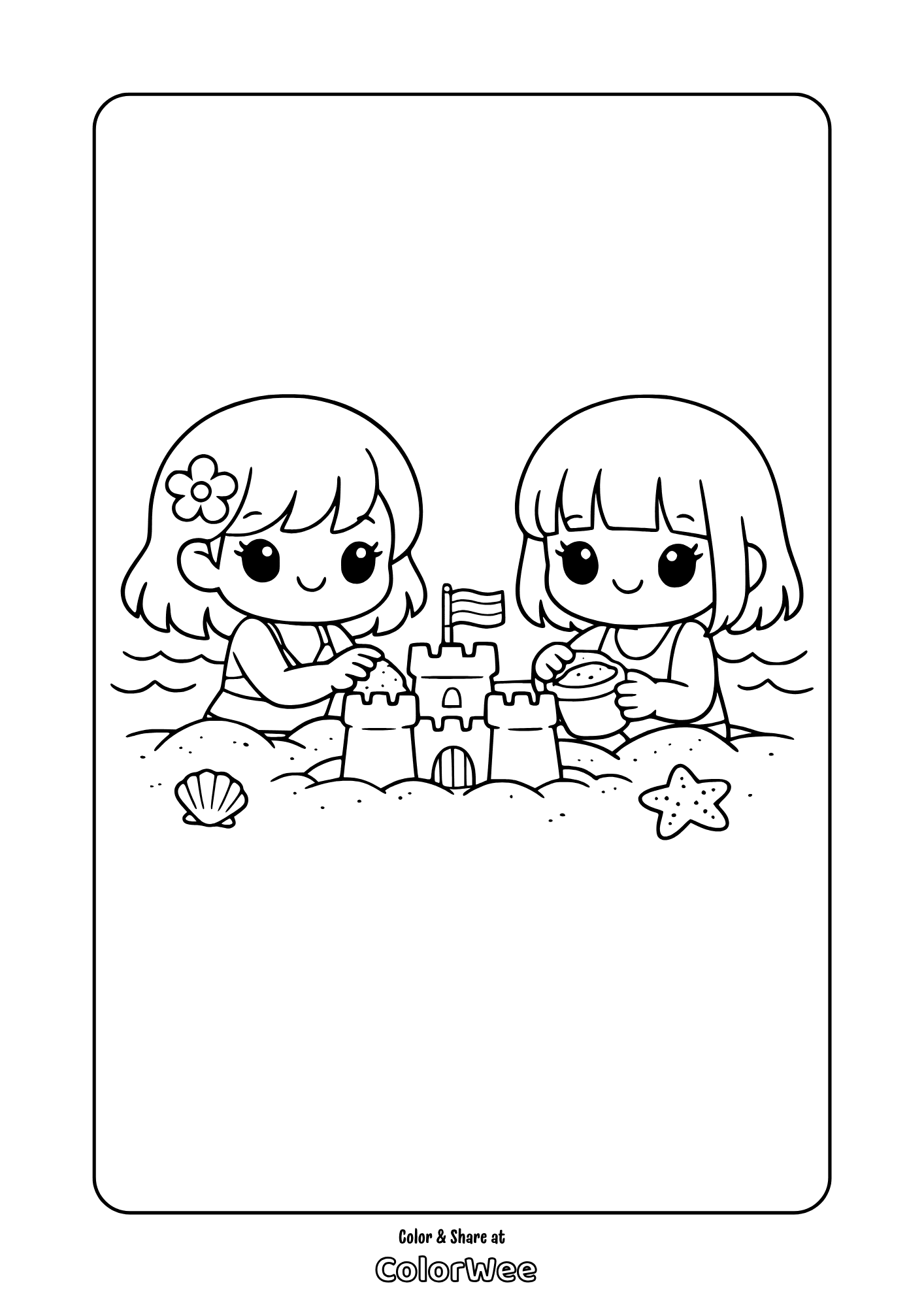 Kawaii kids build a beach sandcastle coloring page printable for pride month