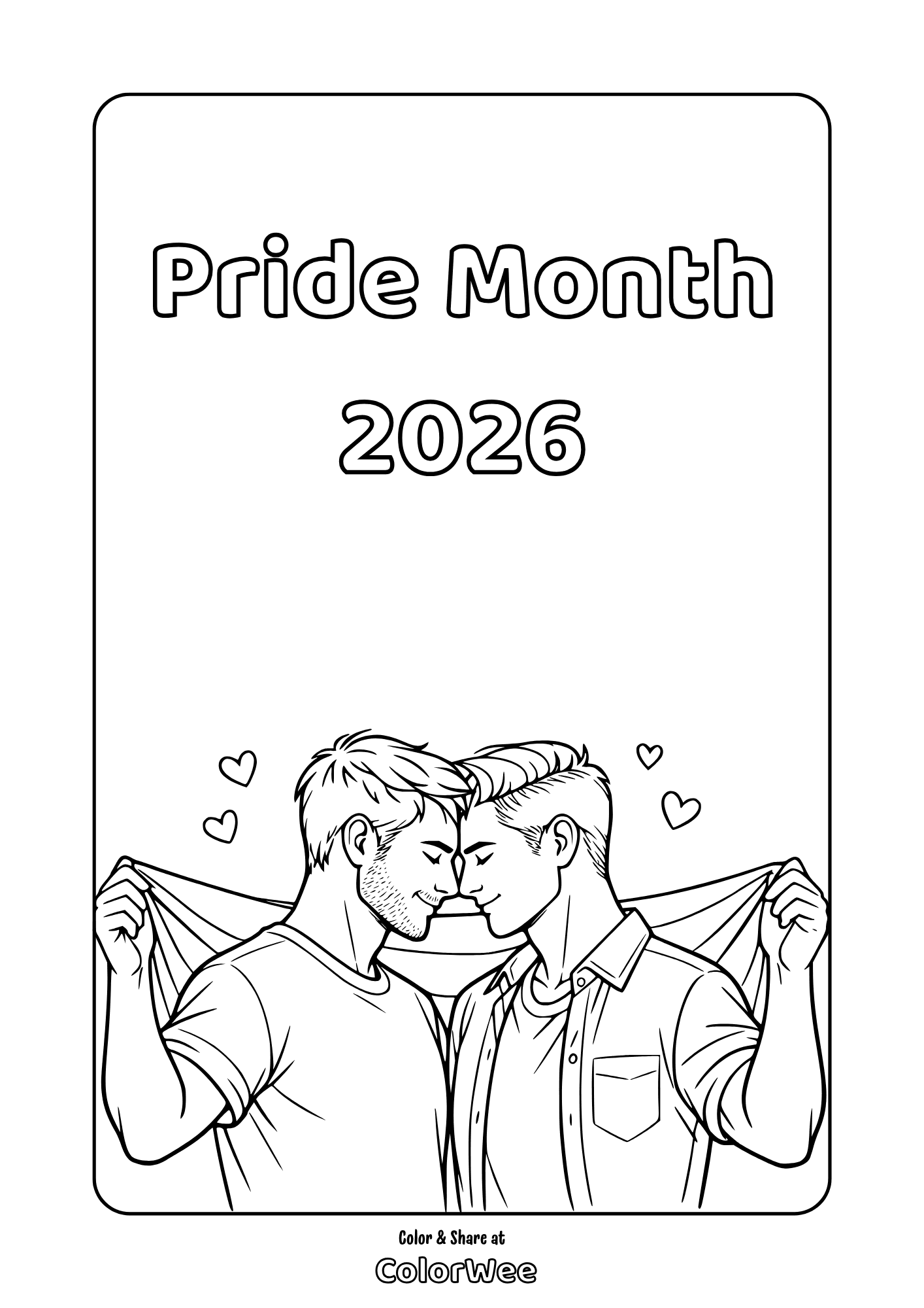 Pride Month 2026 LGBTQ+ coloring page: couple with pride flag, hearts