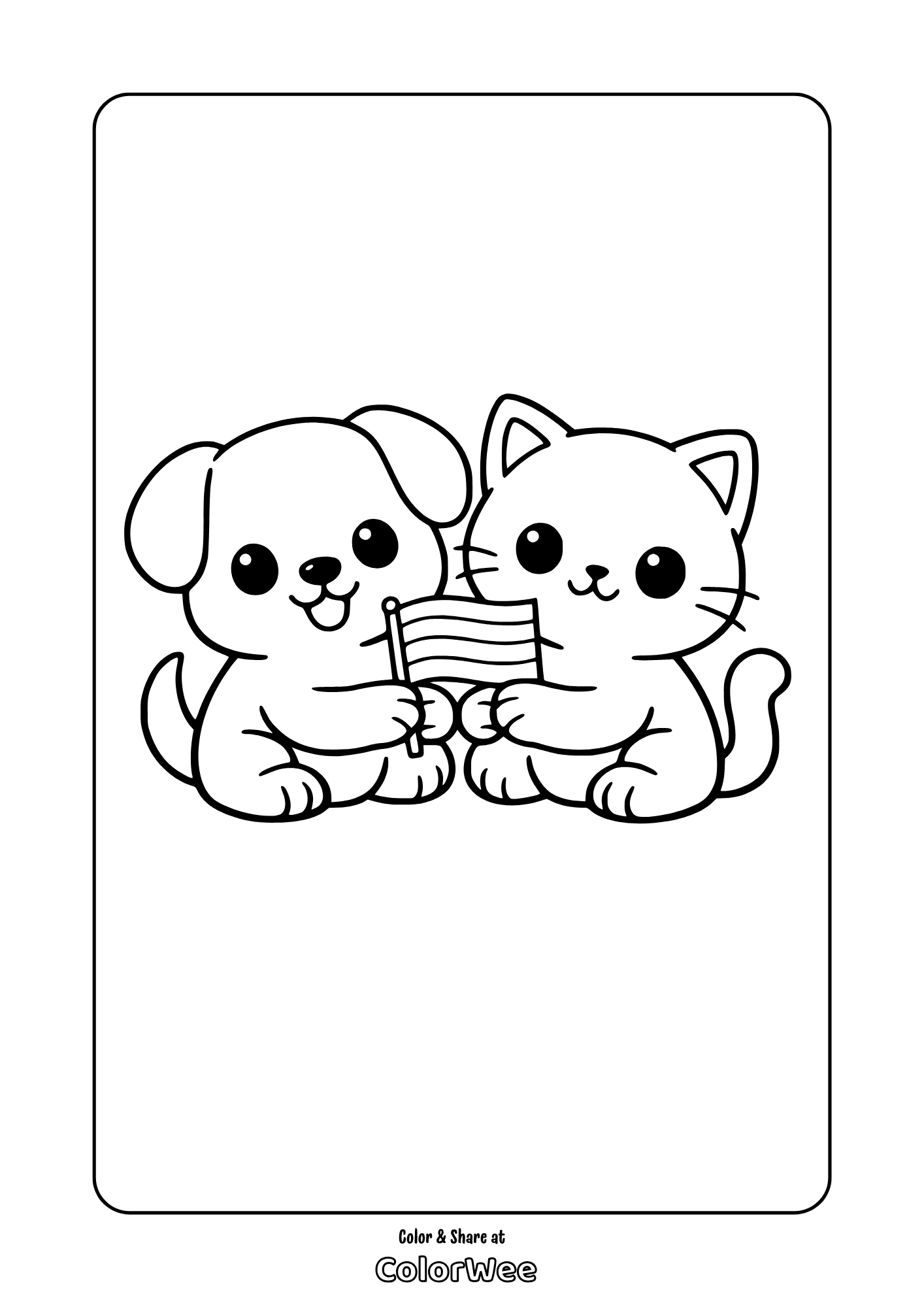 Kawaii dog and cat holding LGBTQ pride flag printable coloring page