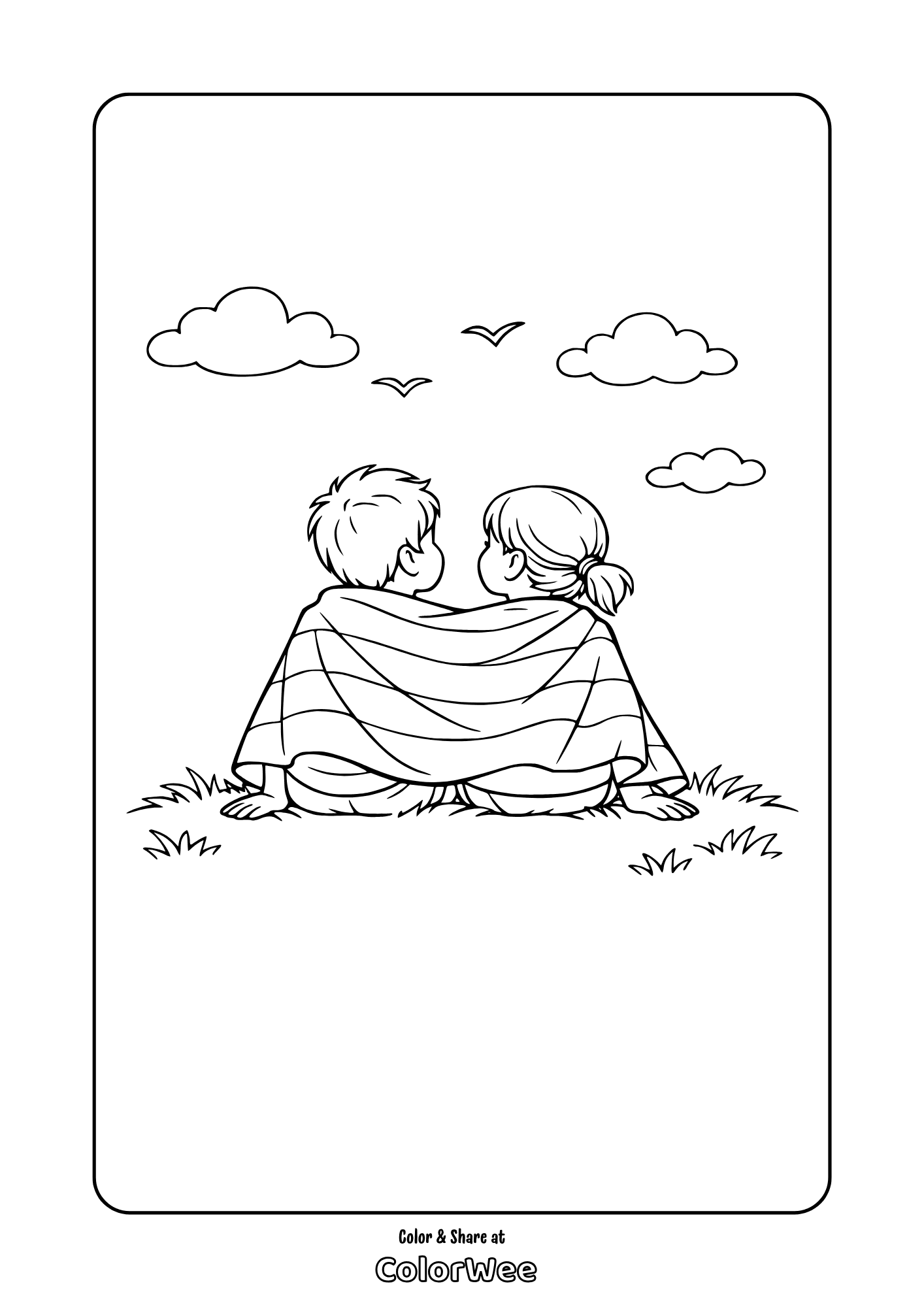 Boy and girl under a rainbow pride flag watching clouds coloring page