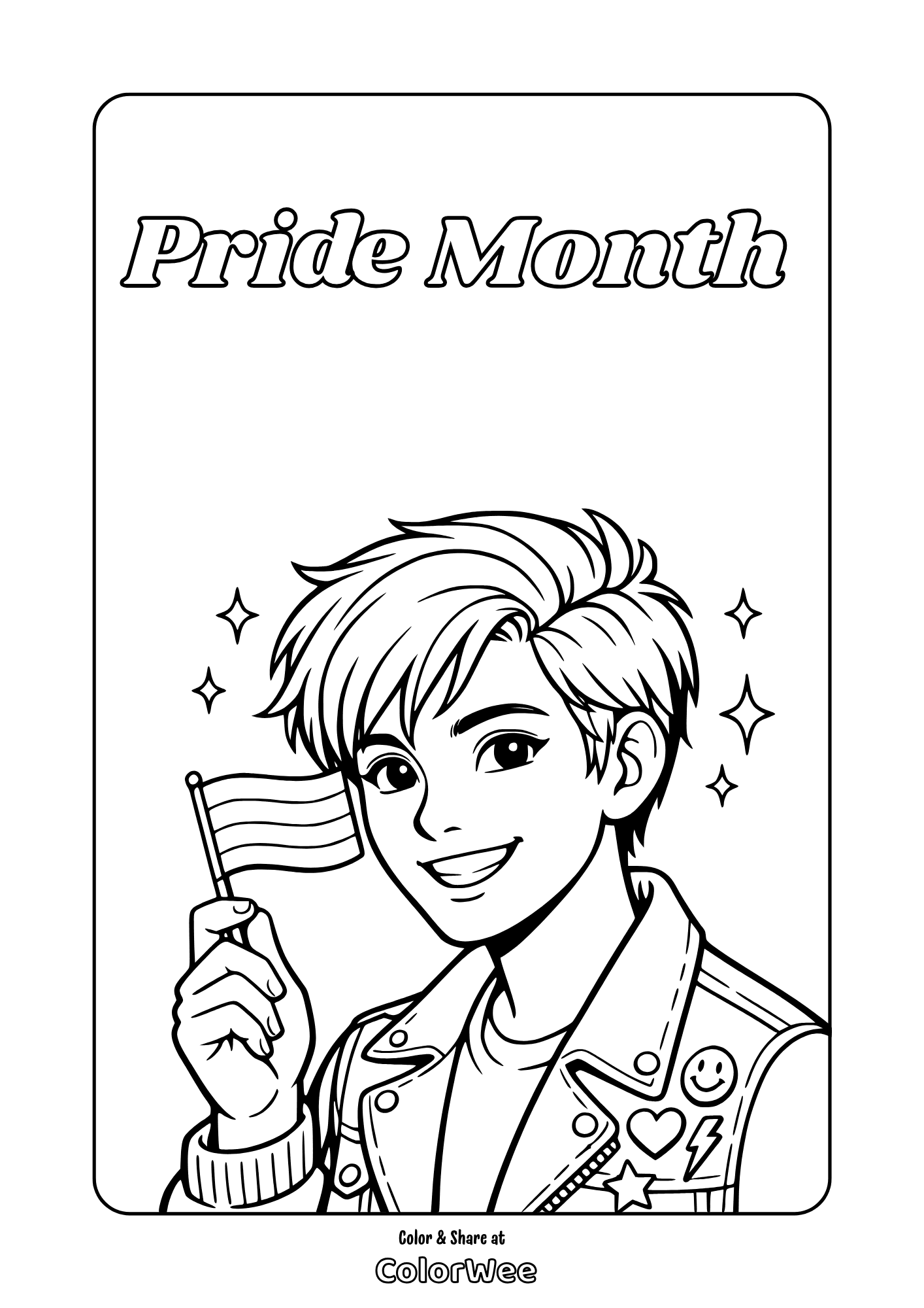 Pride Month coloring page: smiling teen holding pride flag, LGBTQ printable